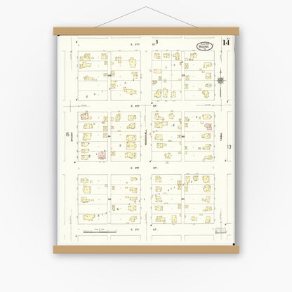 Old map wall art mockup — magnetic wood frame on white wall — Sanborn Fire Insurance Map from Boone, Boone County, Iowa (1909), Sheet #0014