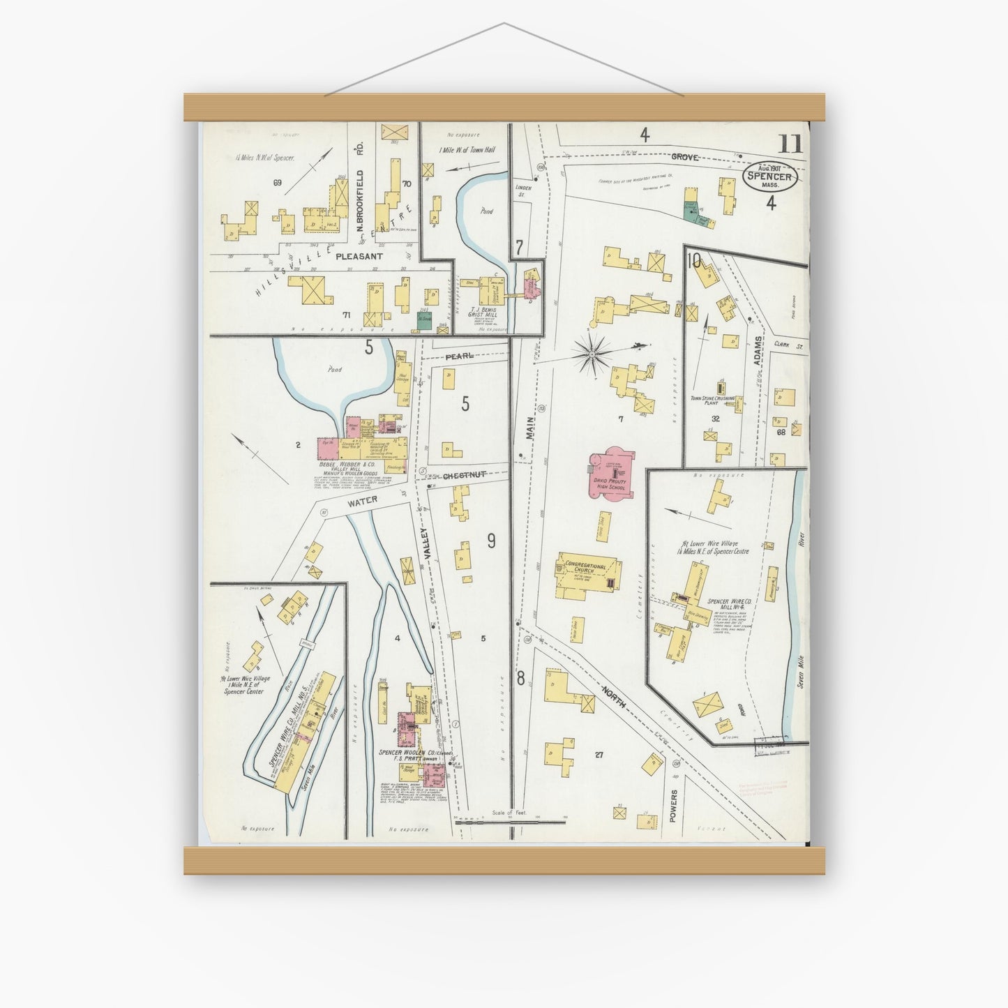 Old map wall art mockup — magnetic wood frame on white wall — Sanborn Fire Insurance Map from Spencer, Worcester County, Massachusetts (1901), Sheet #0011