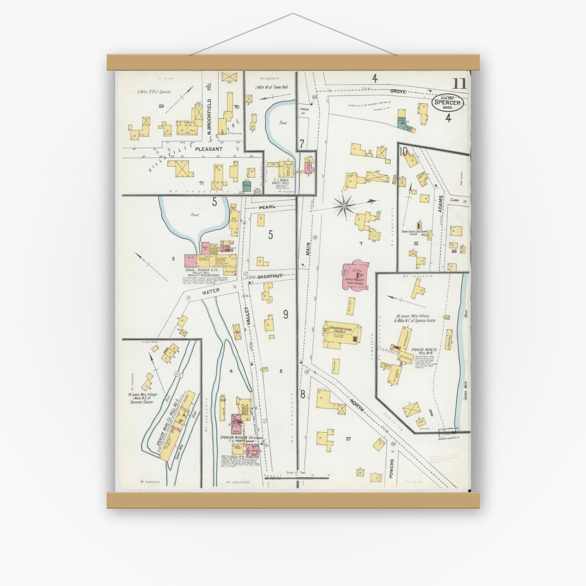 Old map wall art mockup — magnetic wood frame on white wall — Sanborn Fire Insurance Map from Spencer, Worcester County, Massachusetts (1901), Sheet #0011