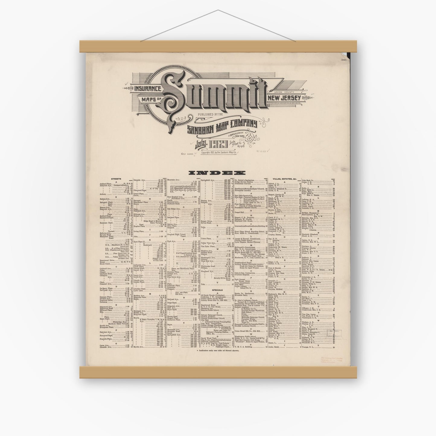 Old map wall art mockup — magnetic wood frame on white wall — Sanborn Fire Insurance Map from Summit, Union County, New Jersey (1921), Sheet #0001