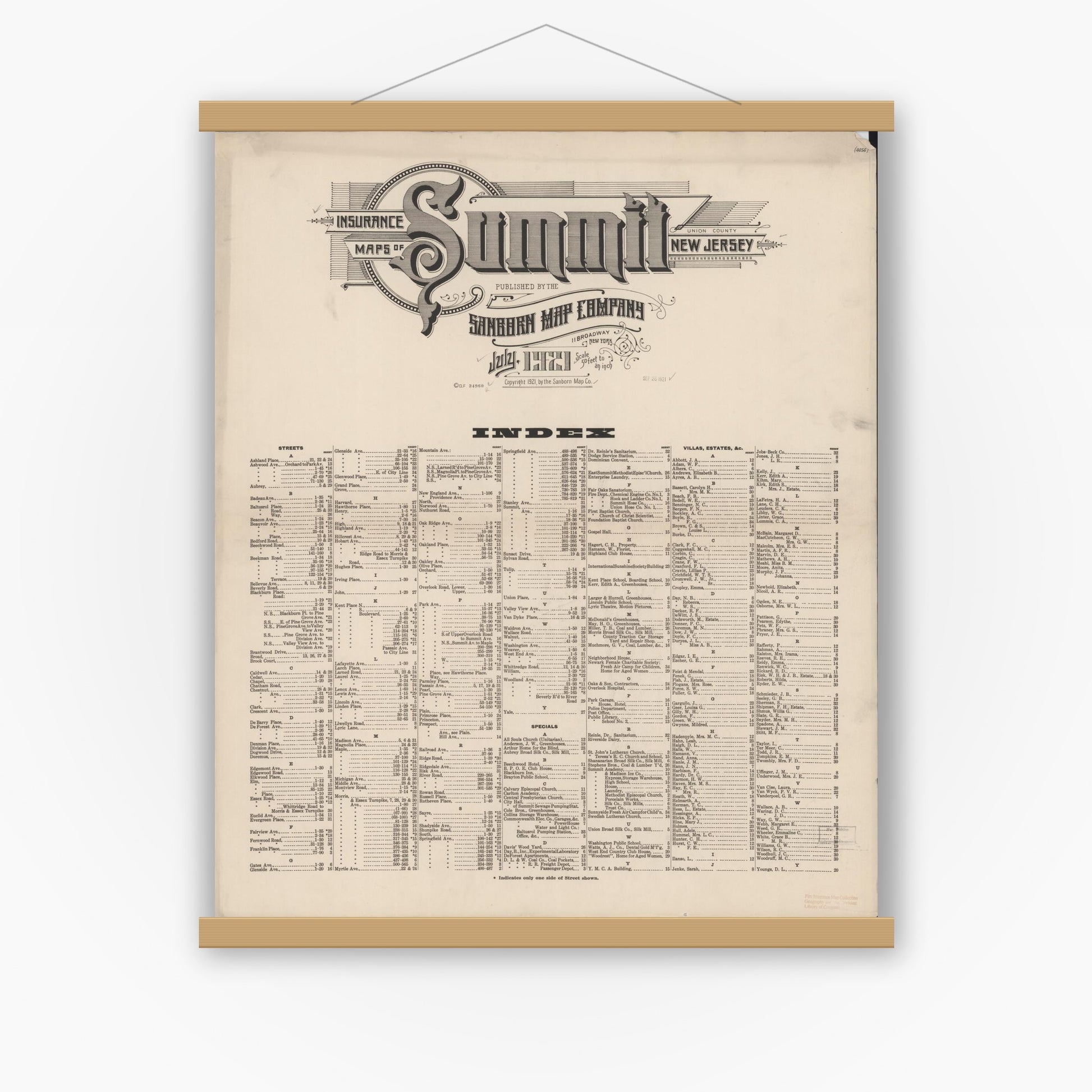 Old map wall art mockup — magnetic wood frame on white wall — Sanborn Fire Insurance Map from Summit, Union County, New Jersey (1921), Sheet #0001