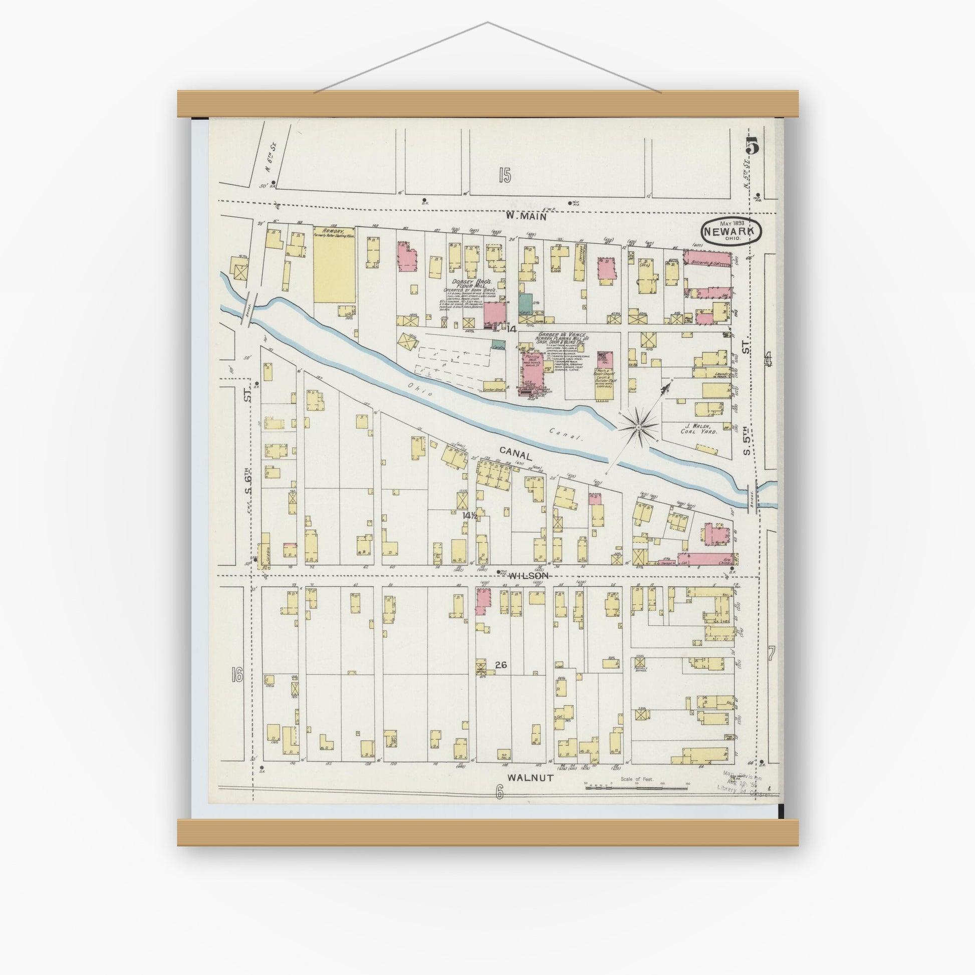 Old map wall art mockup — magnetic wood frame on white wall — Sanborn Fire Insurance Map from Newark, Licking County, Ohio (1893), Sheet #0005