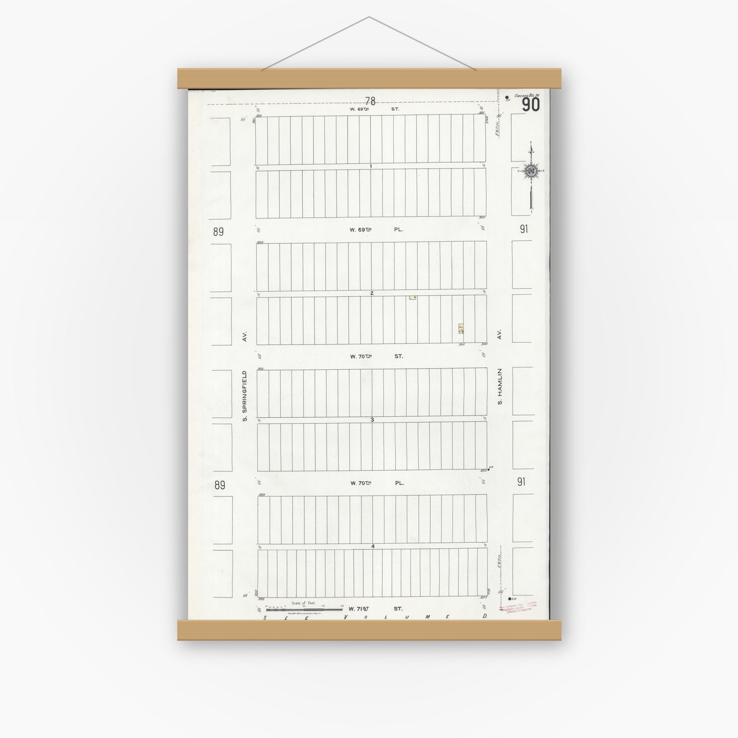 Old map wall art mockup — magnetic wood frame on white wall — Sanborn Fire Insurance Map from Chicago, Cook County, Illinois (1920), Sheet #0090