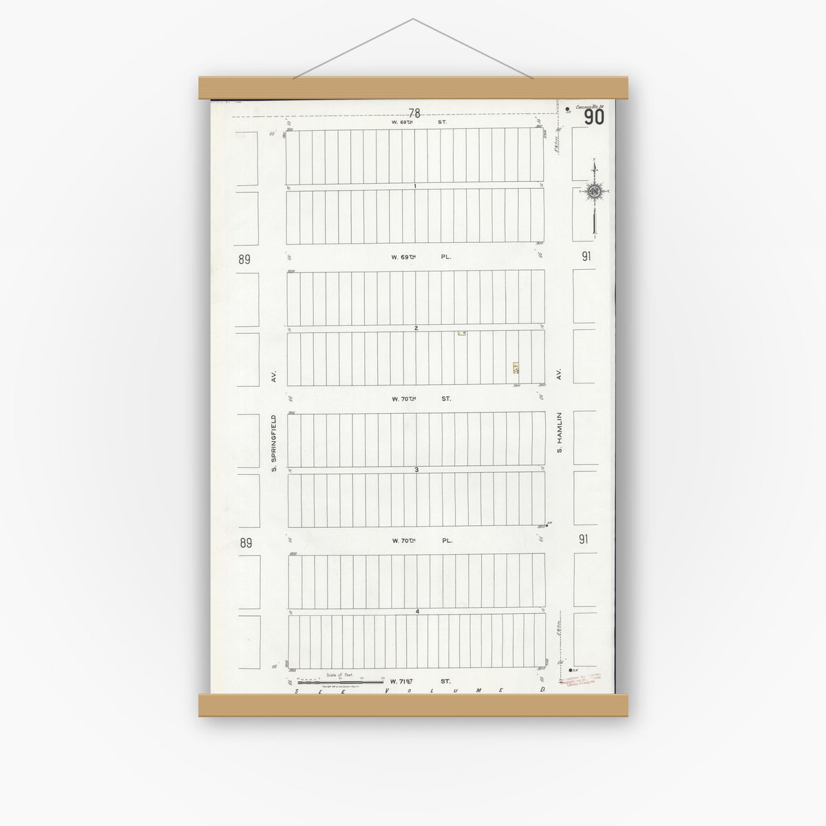 Old map wall art mockup — magnetic wood frame on white wall — Sanborn Fire Insurance Map from Chicago, Cook County, Illinois (1920), Sheet #0090