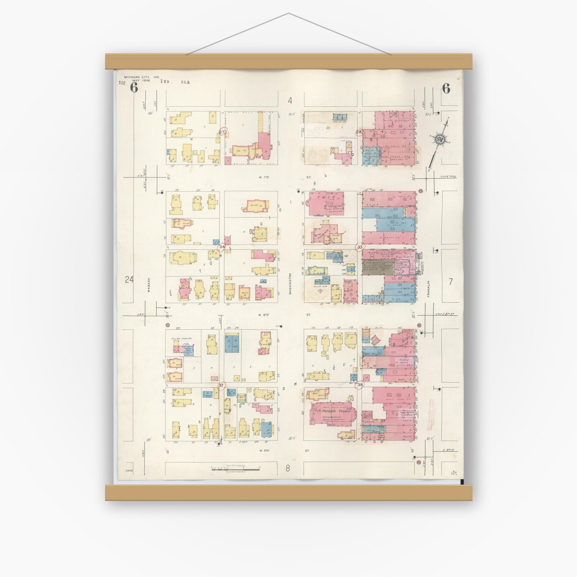 Old map wall art mockup — magnetic wood frame on white wall — Sanborn Fire Insurance Map from Michigan City, La Porte County, Indiana (1948), Sheet #0006