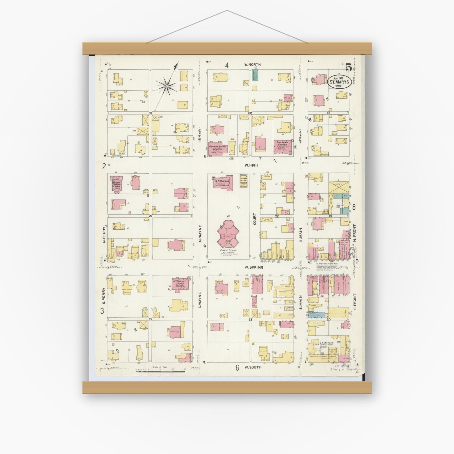Old map wall art mockup — magnetic wood frame on white wall — Sanborn Fire Insurance Map from Saint Marys, Auglaize County, Ohio (1907), Sheet #0005