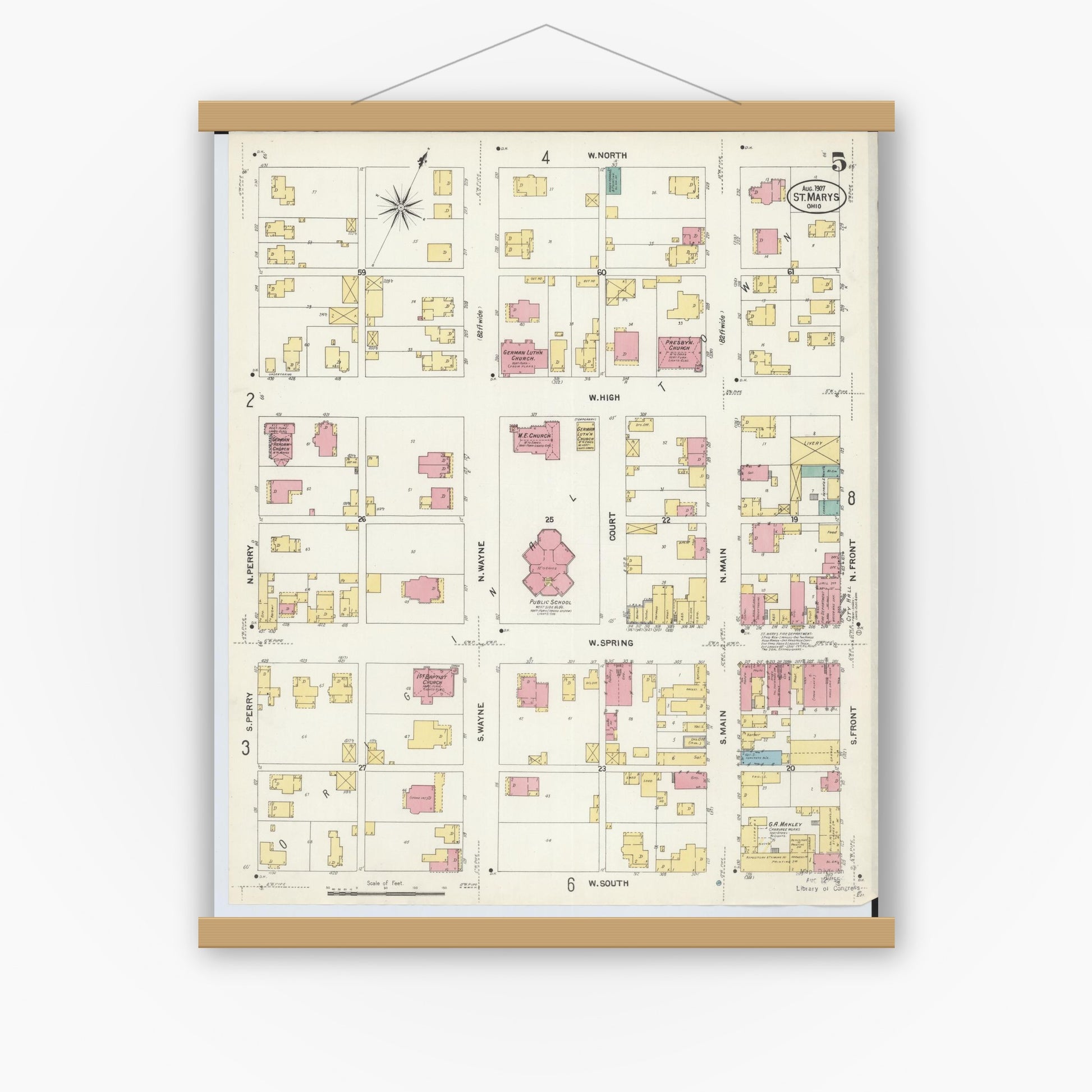 Old map wall art mockup — magnetic wood frame on white wall — Sanborn Fire Insurance Map from Saint Marys, Auglaize County, Ohio (1907), Sheet #0005