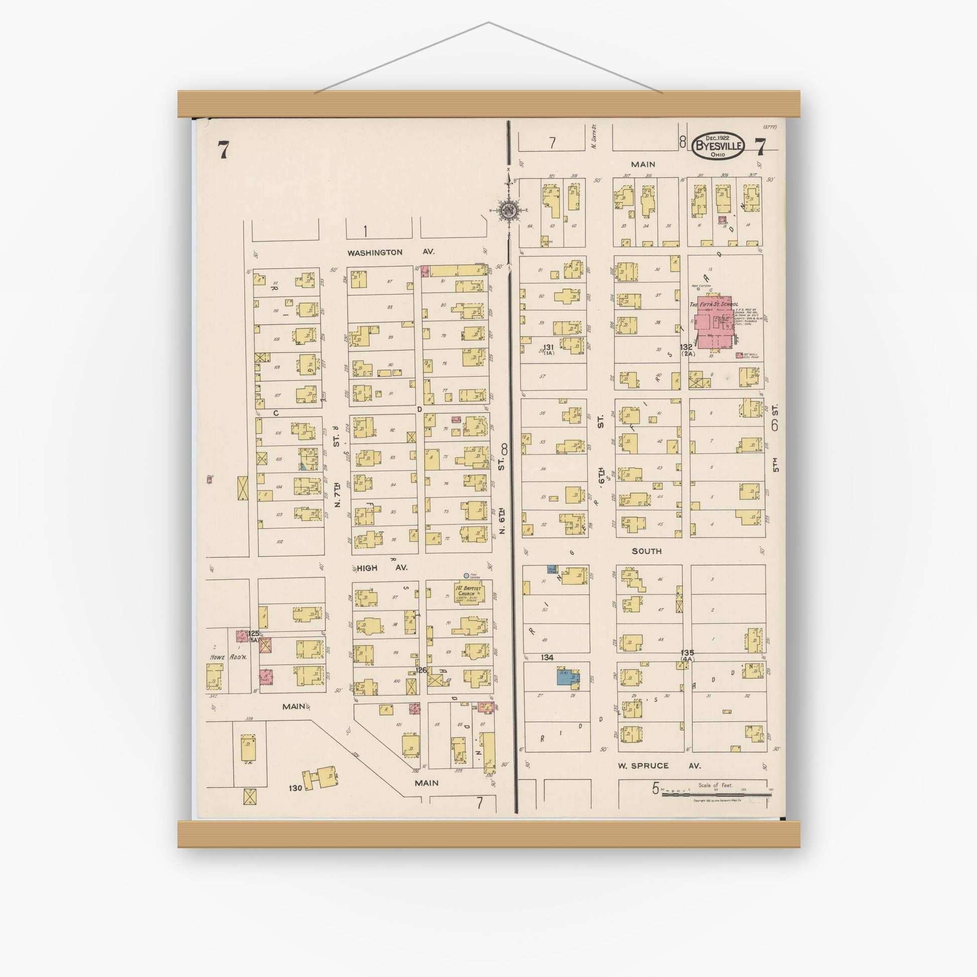 Old map wall art mockup — magnetic wood frame on white wall — Sanborn Fire Insurance Map from Byesville, Guernsey County, Ohio (1922), Sheet #0007