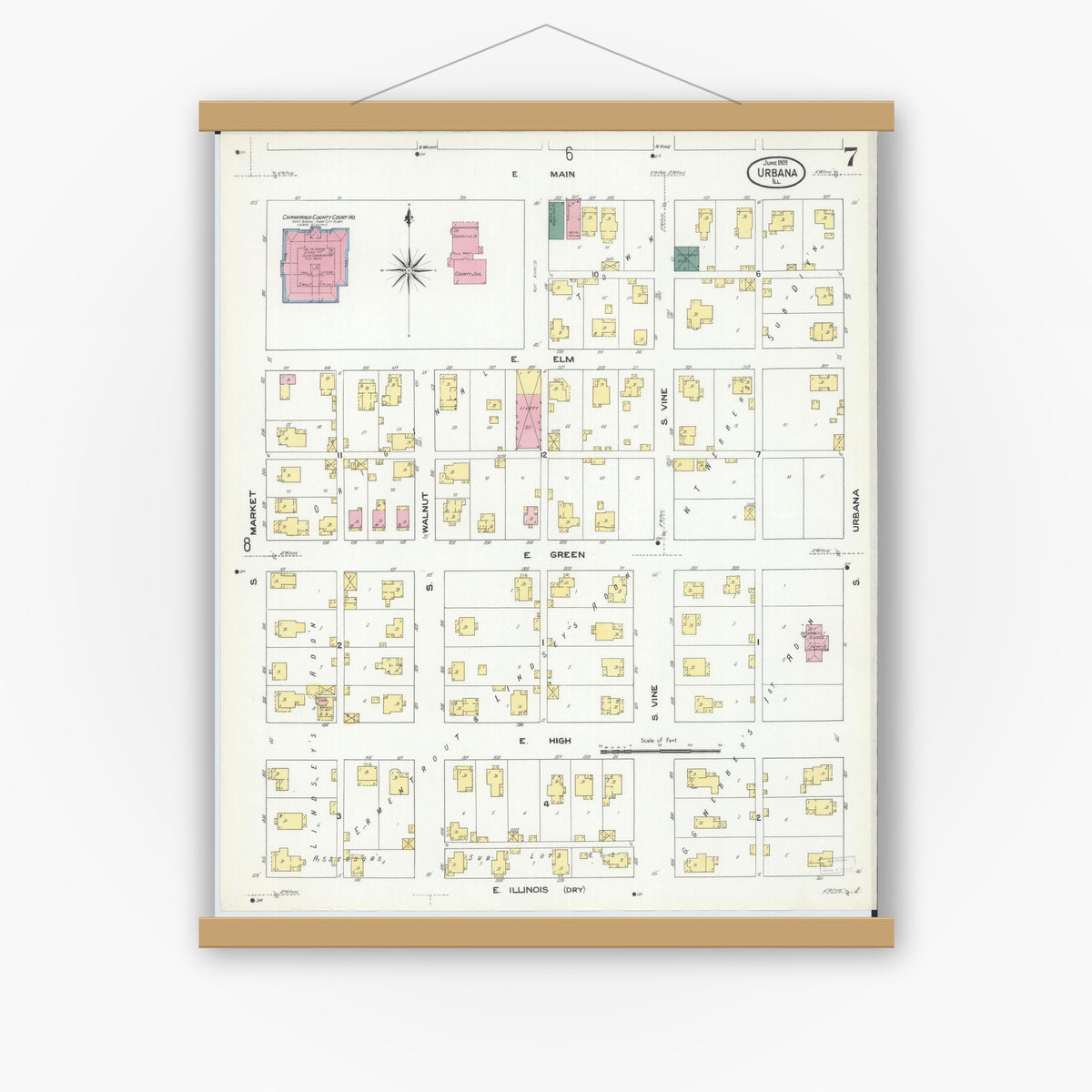 Old map wall art mockup — magnetic wood frame on white wall — Sanborn Fire Insurance Map from Urbana, Champaign County, Illinois (1909), Sheet #0007