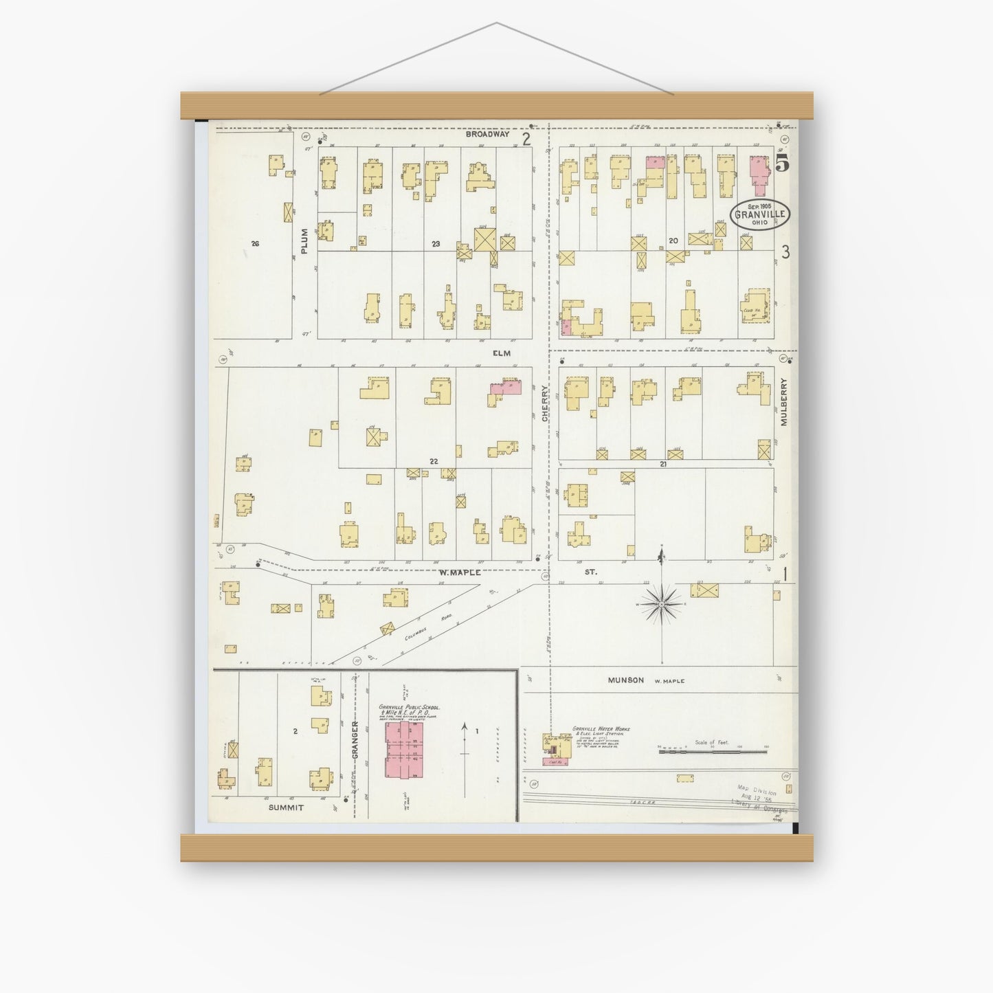 Old map wall art mockup — magnetic wood frame on white wall — Sanborn Fire Insurance Map from Granville, Licking County, Ohio (1905), Sheet #0005