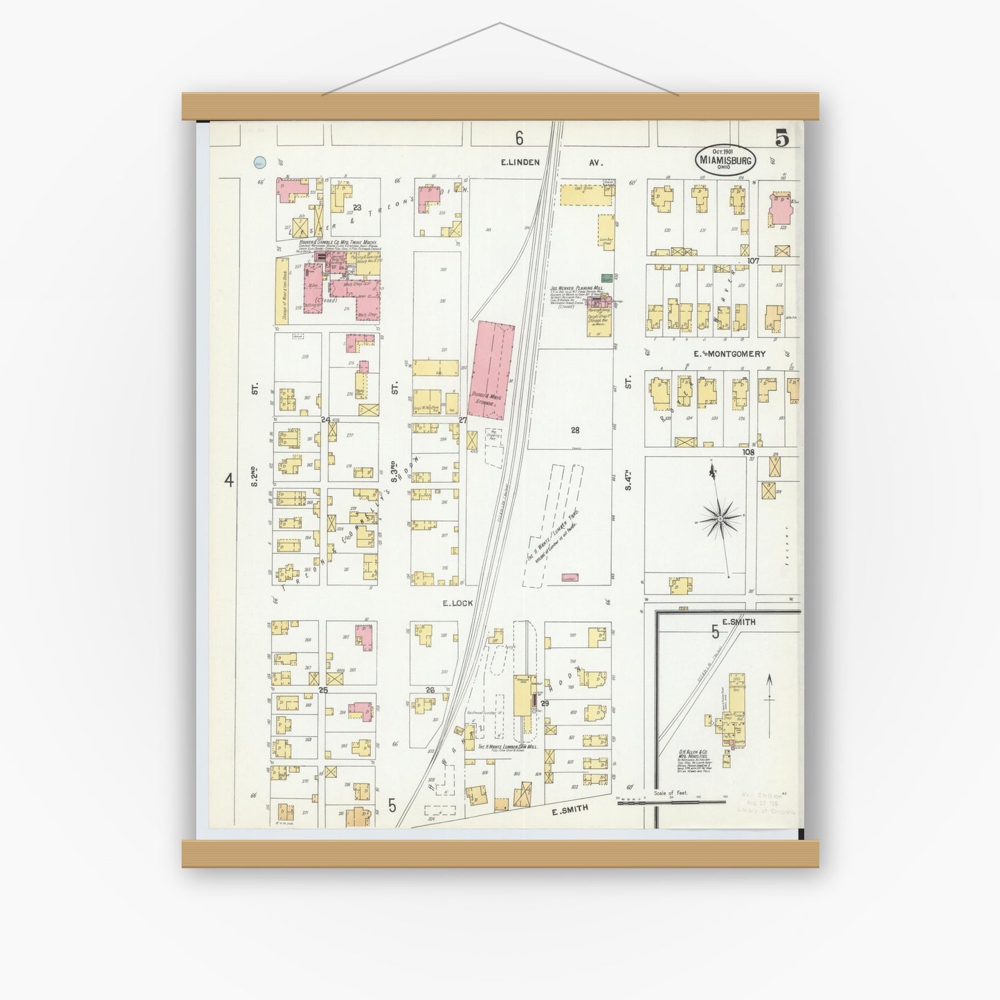 Old map wall art mockup — magnetic wood frame on white wall — Sanborn Fire Insurance Map from Miamisburg, Montgomery County, Ohio (1901), Sheet #0005