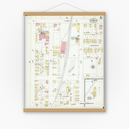 Old map wall art mockup — magnetic wood frame on white wall — Sanborn Fire Insurance Map from Miamisburg, Montgomery County, Ohio (1901), Sheet #0005