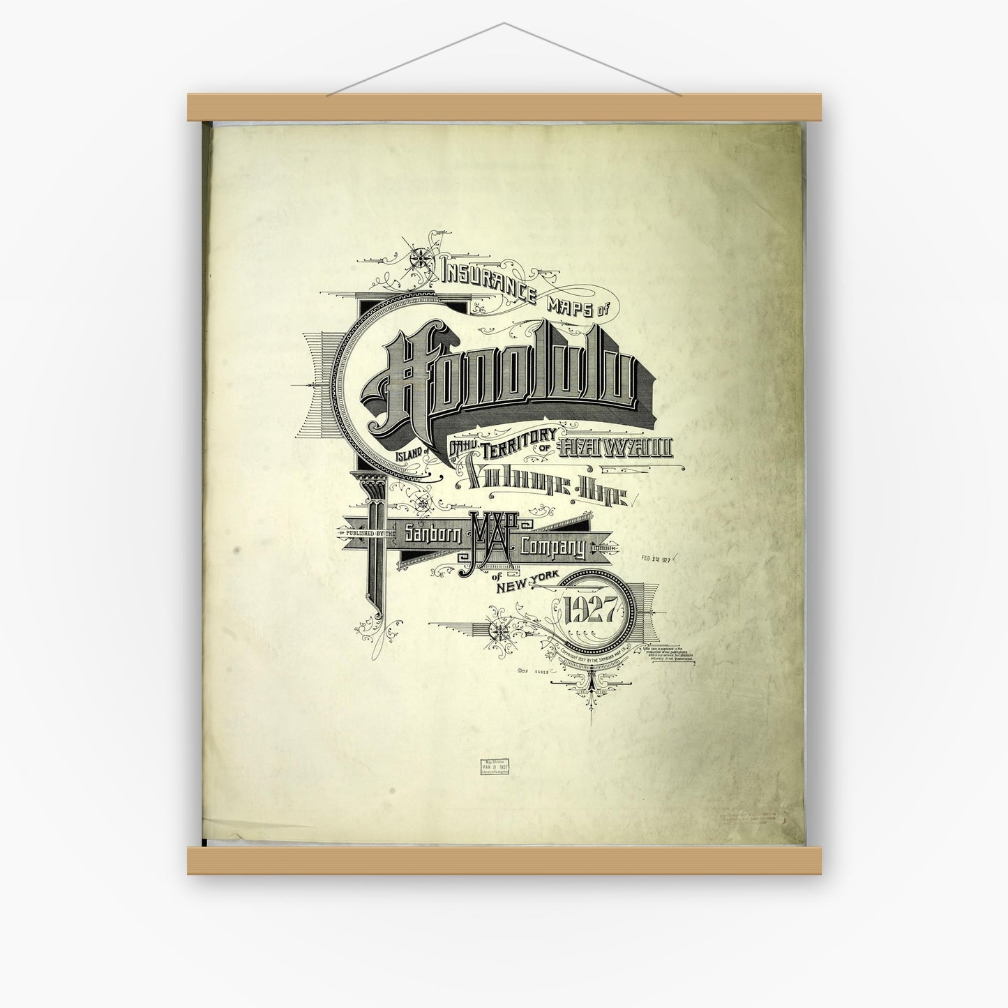 Old map wall art mockup — magnetic wood frame on white wall — Sanborn Fire Insurance Map from Honolulu, Oahu County, Hawaii (1927), Sheet #0001