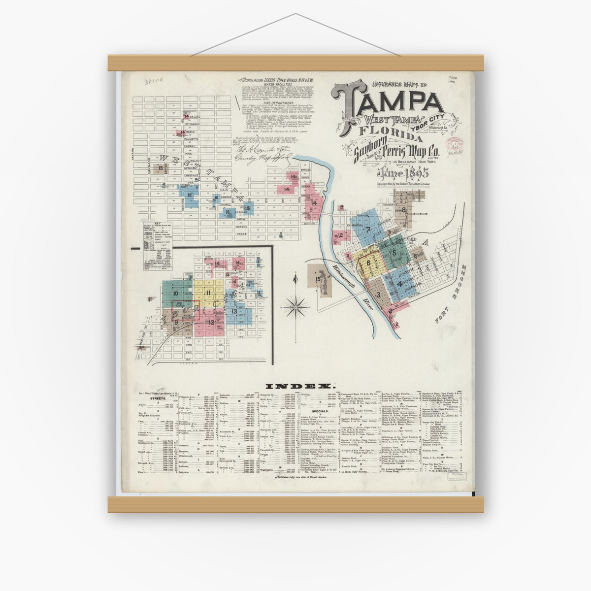 Old map wall art mockup — magnetic wood frame on white wall — Sanborn Fire Insurance Map from Tampa, Hillsborough County, Florida (1895), Sheet #0005