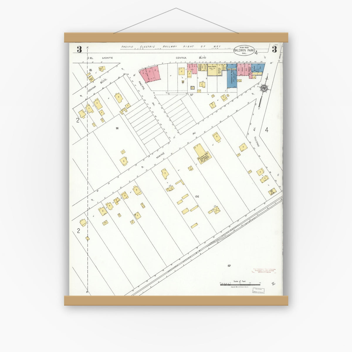 Old map wall art mockup — magnetic wood frame on white wall — Sanborn Fire Insurance Map from Baldwin Park, Los Angeles County, California (1925), Sheet #0003