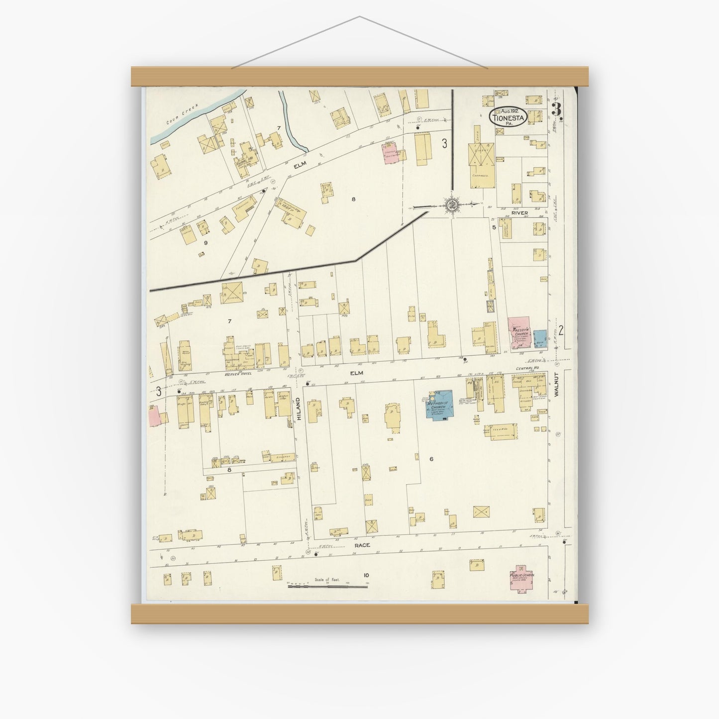Old map wall art mockup — magnetic wood frame on white wall — Sanborn Fire Insurance Map from Tionesta, Forest County, Pennsylvania (1912), Sheet #0003