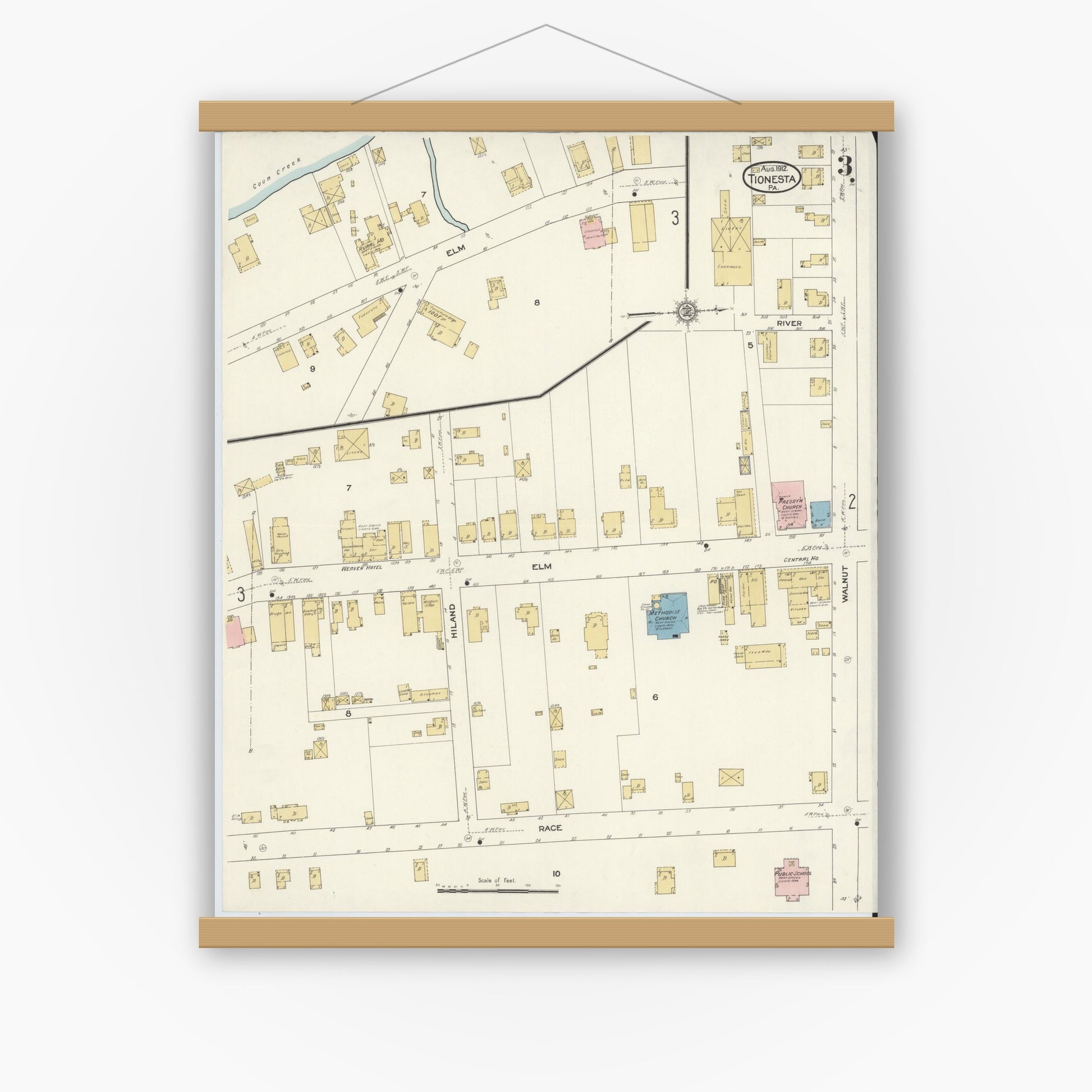 Old map wall art mockup — magnetic wood frame on white wall — Sanborn Fire Insurance Map from Tionesta, Forest County, Pennsylvania (1912), Sheet #0003