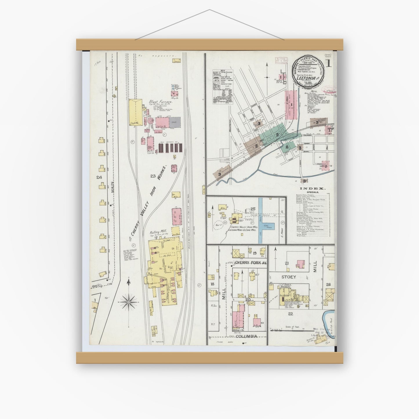 Old map wall art mockup — magnetic wood frame on white wall — Sanborn Fire Insurance Map from Leetonia, Columbiana County, Ohio (1893), Sheet #0001