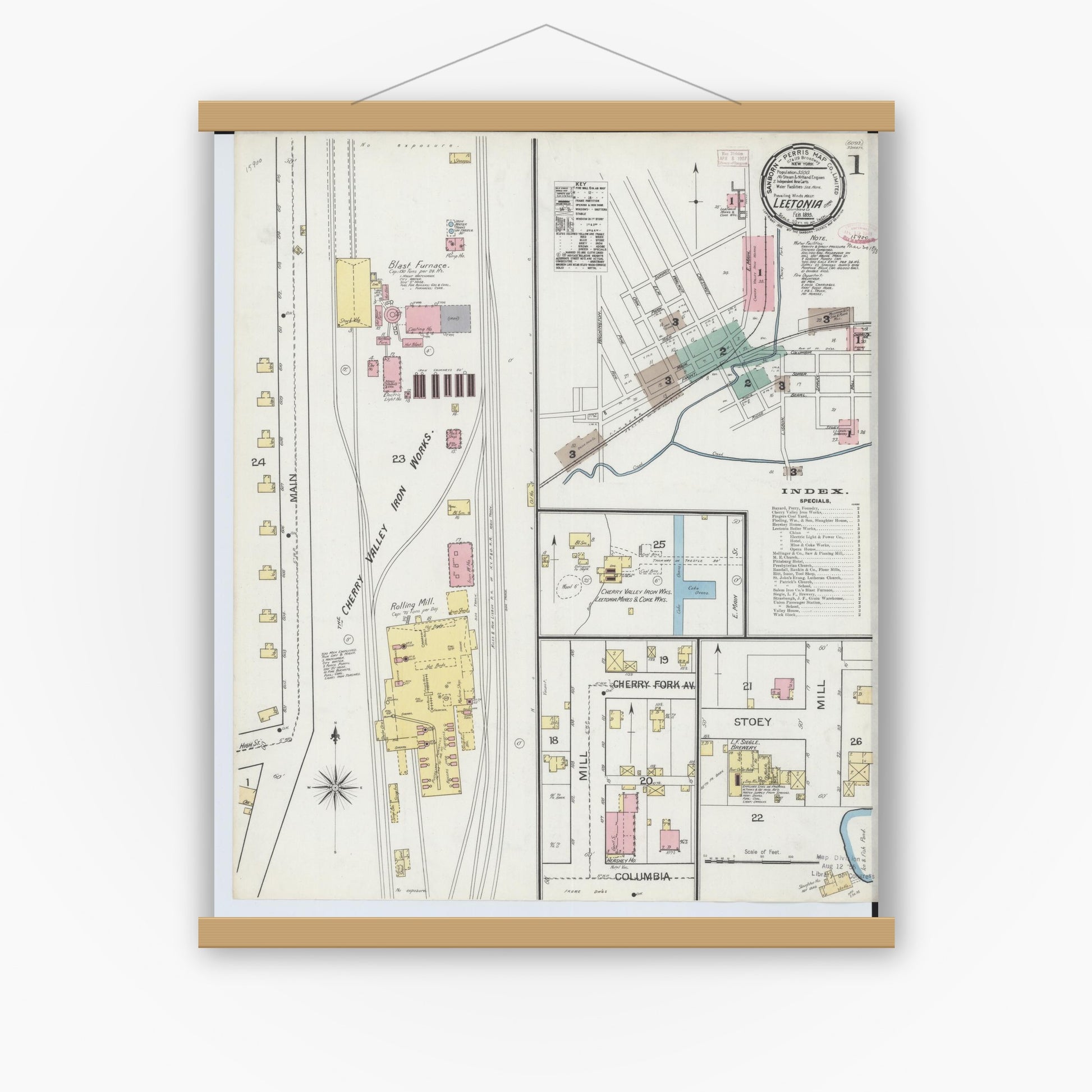 Old map wall art mockup — magnetic wood frame on white wall — Sanborn Fire Insurance Map from Leetonia, Columbiana County, Ohio (1893), Sheet #0001