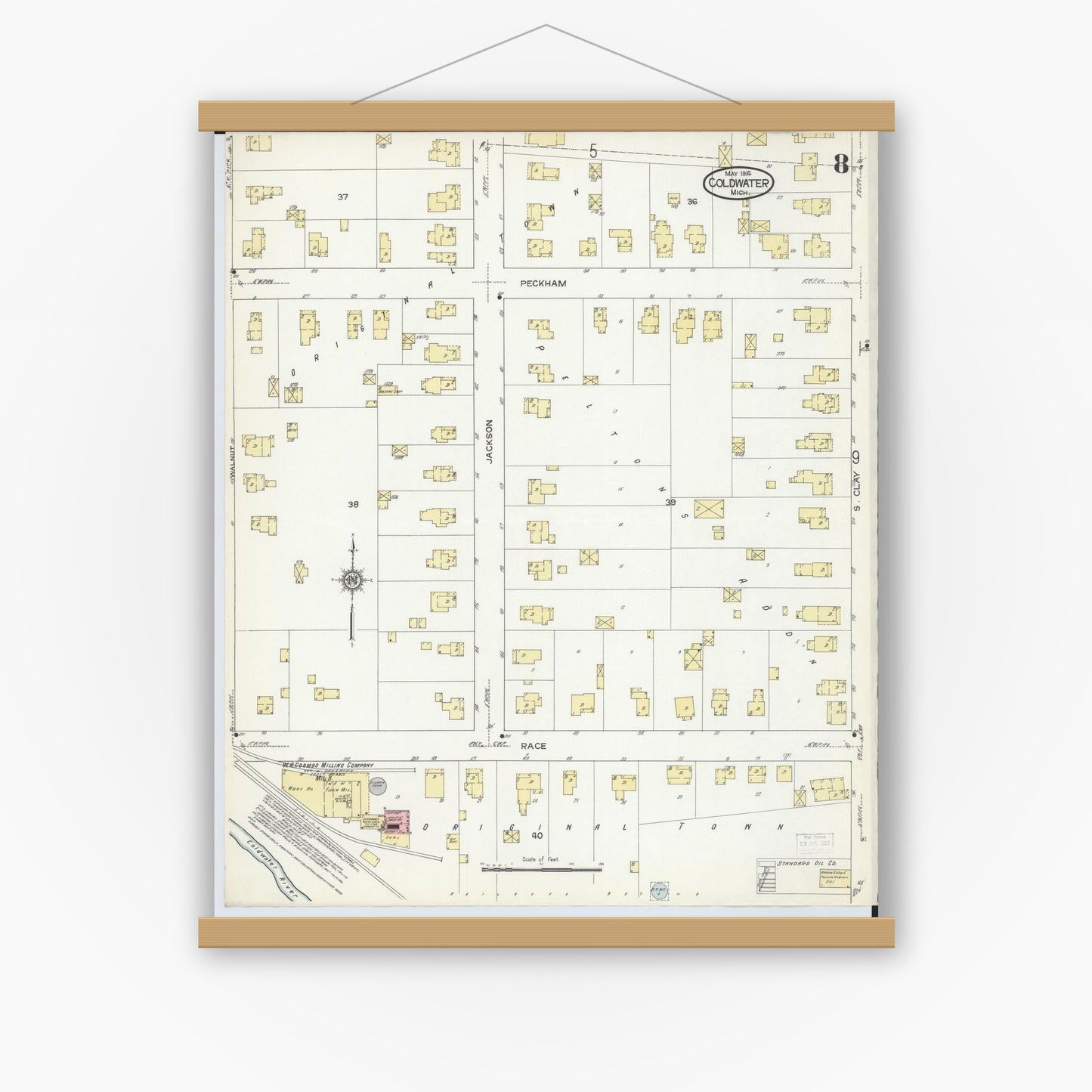 Old map wall art mockup — magnetic wood frame on white wall — Sanborn Fire Insurance Map from Coldwater, Branch County, Michigan (1914), Sheet #0008