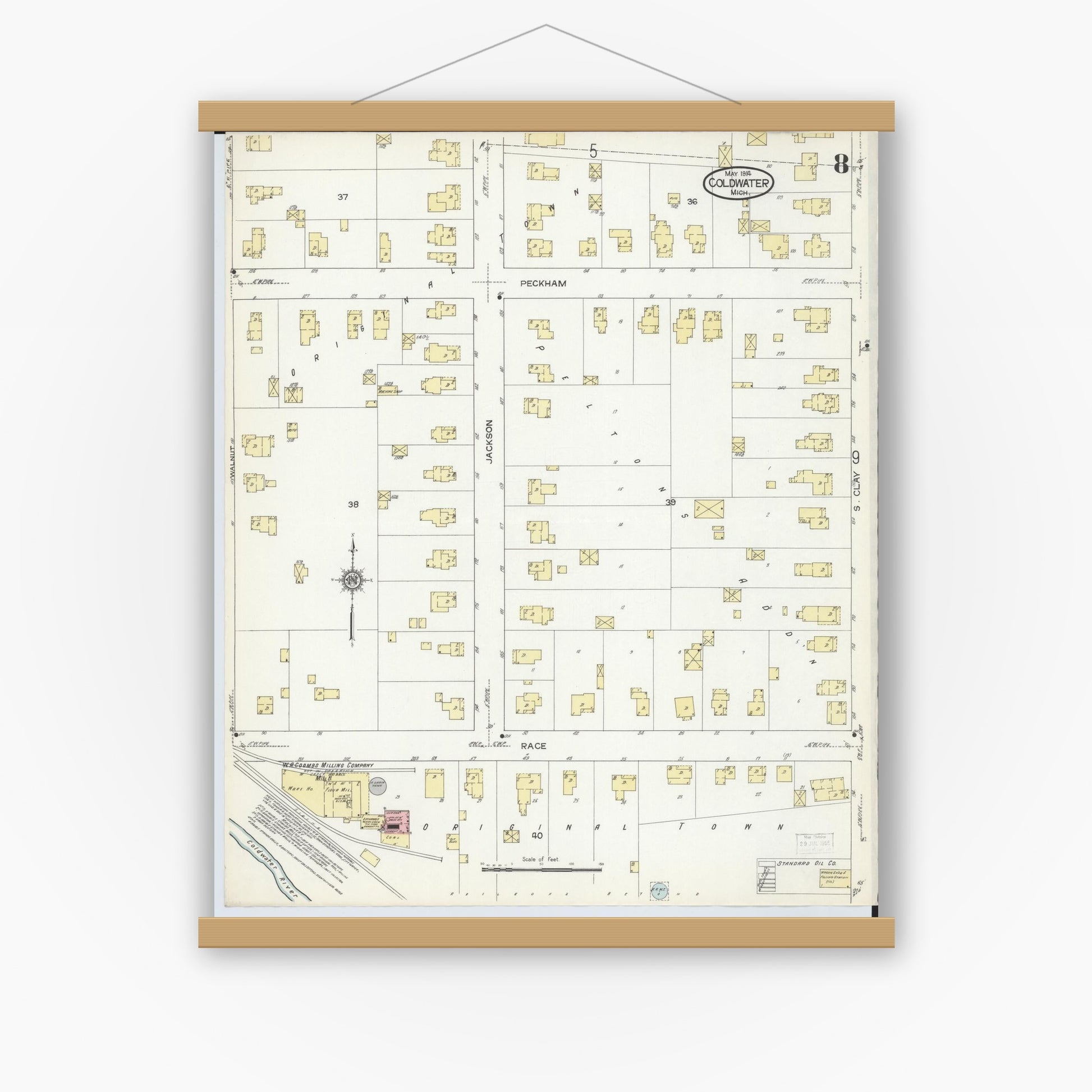 Old map wall art mockup — magnetic wood frame on white wall — Sanborn Fire Insurance Map from Coldwater, Branch County, Michigan (1914), Sheet #0008