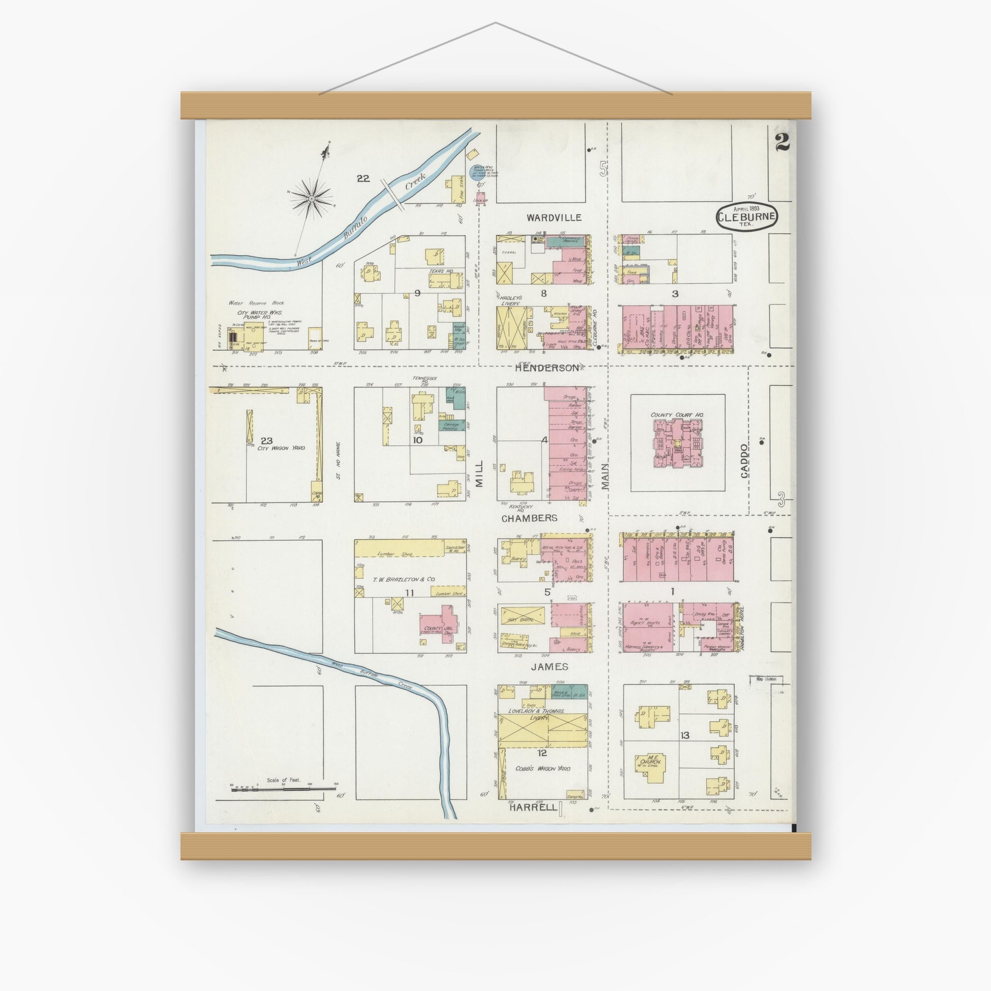Old map wall art mockup — magnetic wood frame on white wall — Sanborn Fire Insurance Map from Cleburne, Johnson County, Texas (1893), Sheet #0002