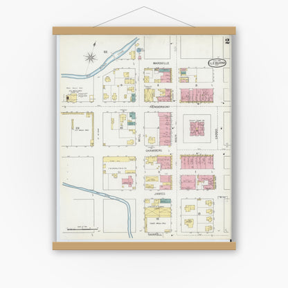 Old map wall art mockup — magnetic wood frame on white wall — Sanborn Fire Insurance Map from Cleburne, Johnson County, Texas (1893), Sheet #0002