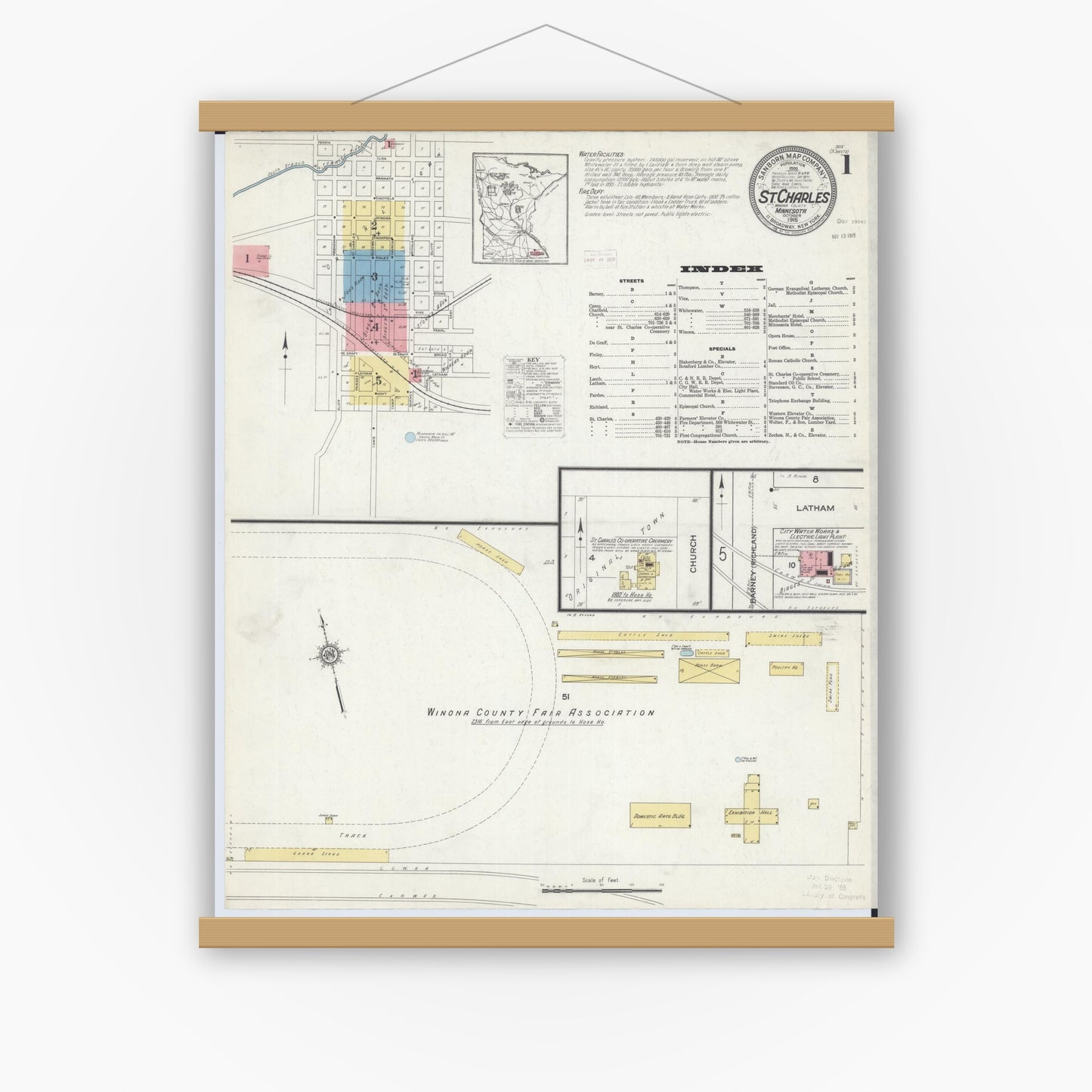 Old map wall art mockup — magnetic wood frame on white wall — Sanborn Fire Insurance Map from Saint Charles, Winona County, Minnesota (1915) - Complete Map Set