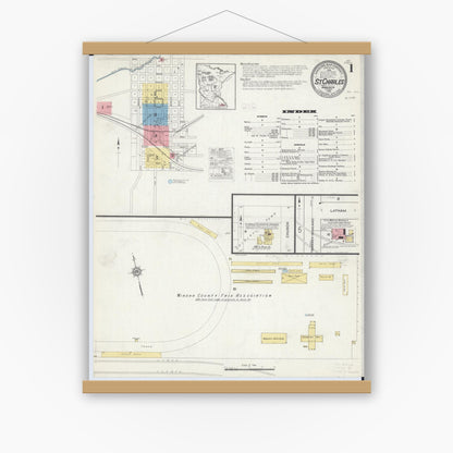 Old map wall art mockup — magnetic wood frame on white wall — Sanborn Fire Insurance Map from Saint Charles, Winona County, Minnesota (1915) - Complete Map Set