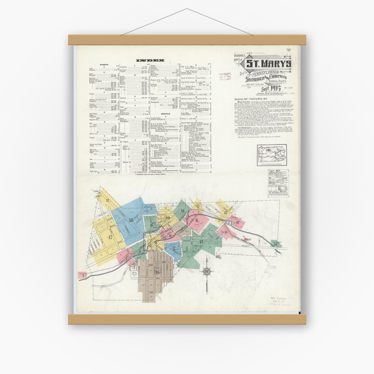 Old map wall art mockup — magnetic wood frame on white wall — Sanborn Fire Insurance Map from Saint Marys, Elk County, Pennsylvania (1915), Sheet #0001