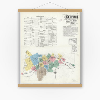 Old map wall art mockup — magnetic wood frame on white wall — Sanborn Fire Insurance Map from Saint Marys, Elk County, Pennsylvania (1915), Sheet #0001