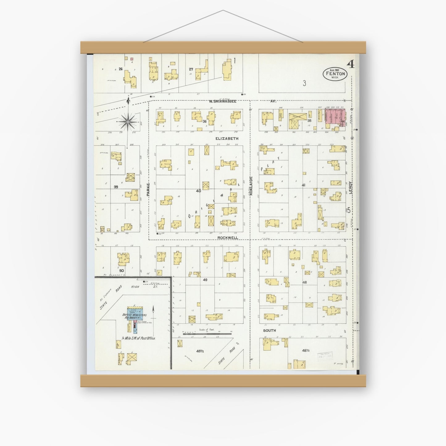 Old map wall art mockup — magnetic wood frame on white wall — Sanborn Fire Insurance Map from Fenton, Genesee County, Michigan (1901), Sheet #0004