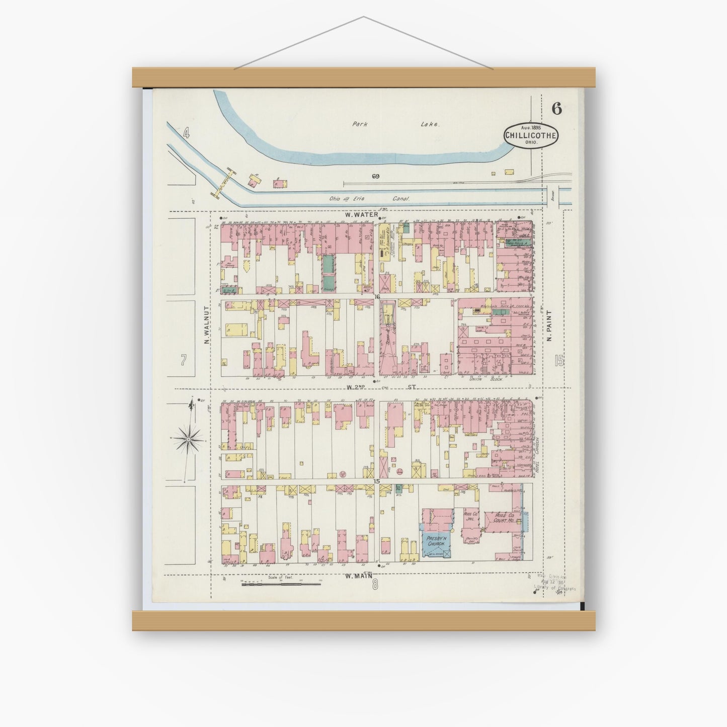 Old map wall art mockup — magnetic wood frame on white wall — Sanborn Fire Insurance Map from Chillicothe, Ross County, Ohio (1895), Sheet #0006