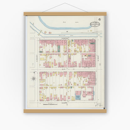 Old map wall art mockup — magnetic wood frame on white wall — Sanborn Fire Insurance Map from Chillicothe, Ross County, Ohio (1895), Sheet #0006