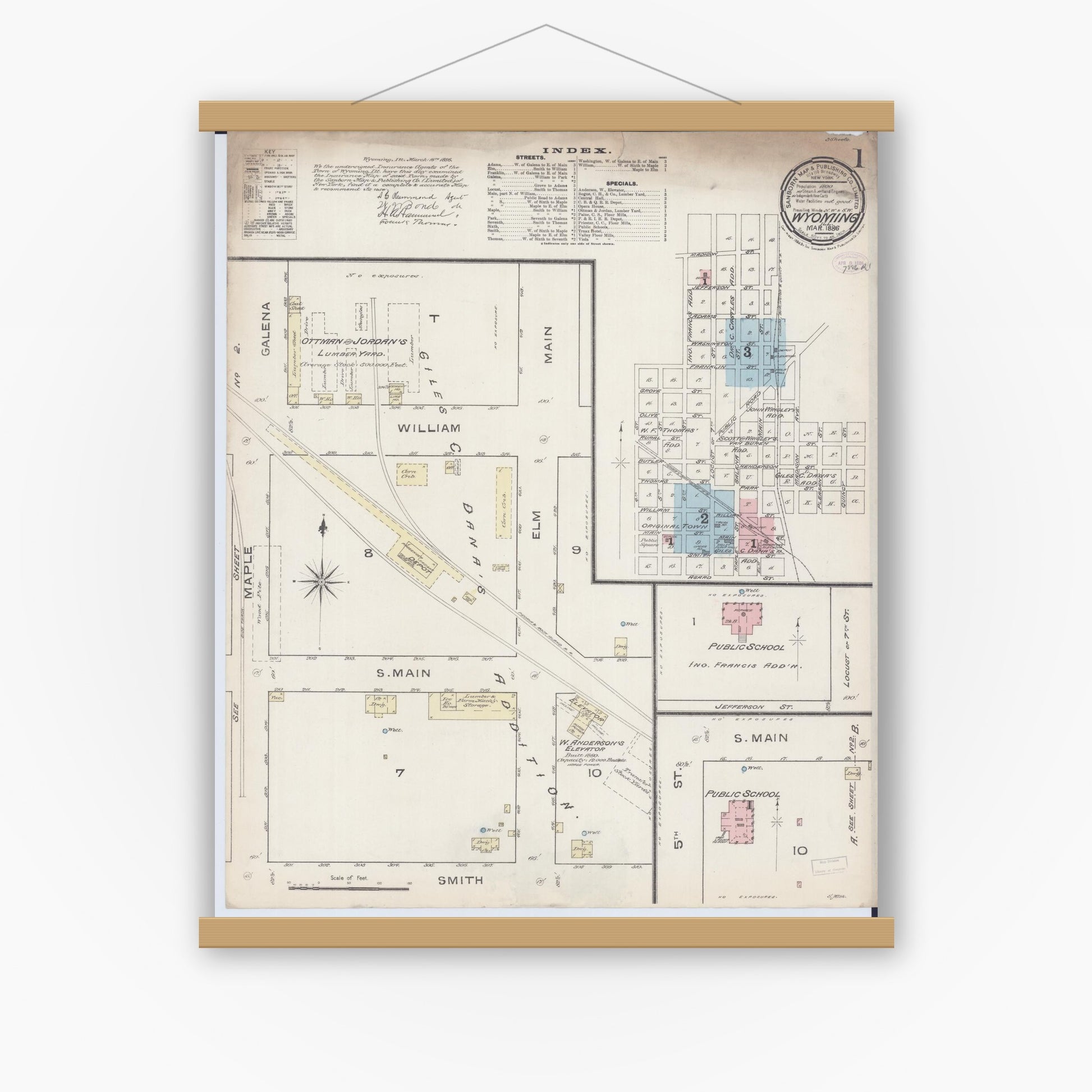 Old map wall art mockup — magnetic wood frame on white wall — Sanborn Fire Insurance Map from Wyoming, Stark County, Illinois (1886) - Complete Map Set