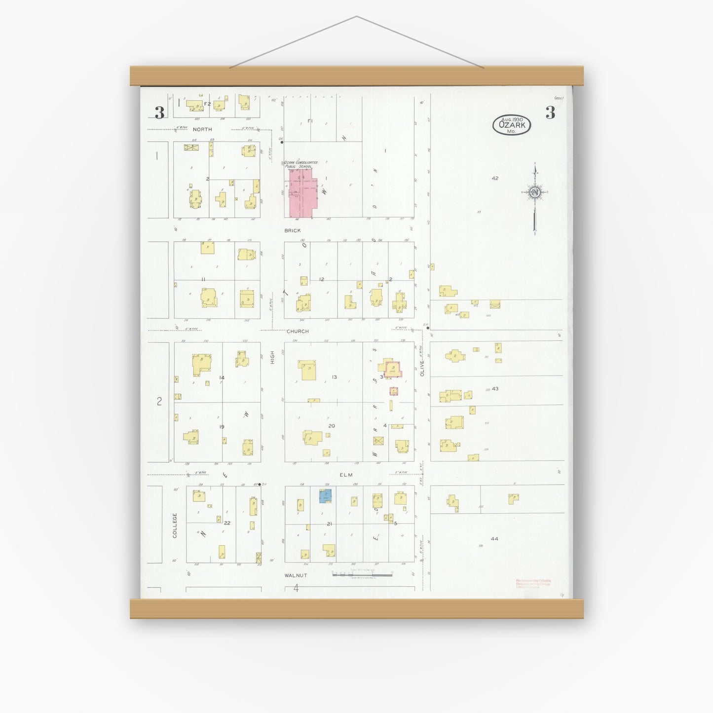 Old map wall art mockup — magnetic wood frame on white wall — Sanborn Fire Insurance Map from Ozark, Christian County, Missouri (1930), Sheet #0003