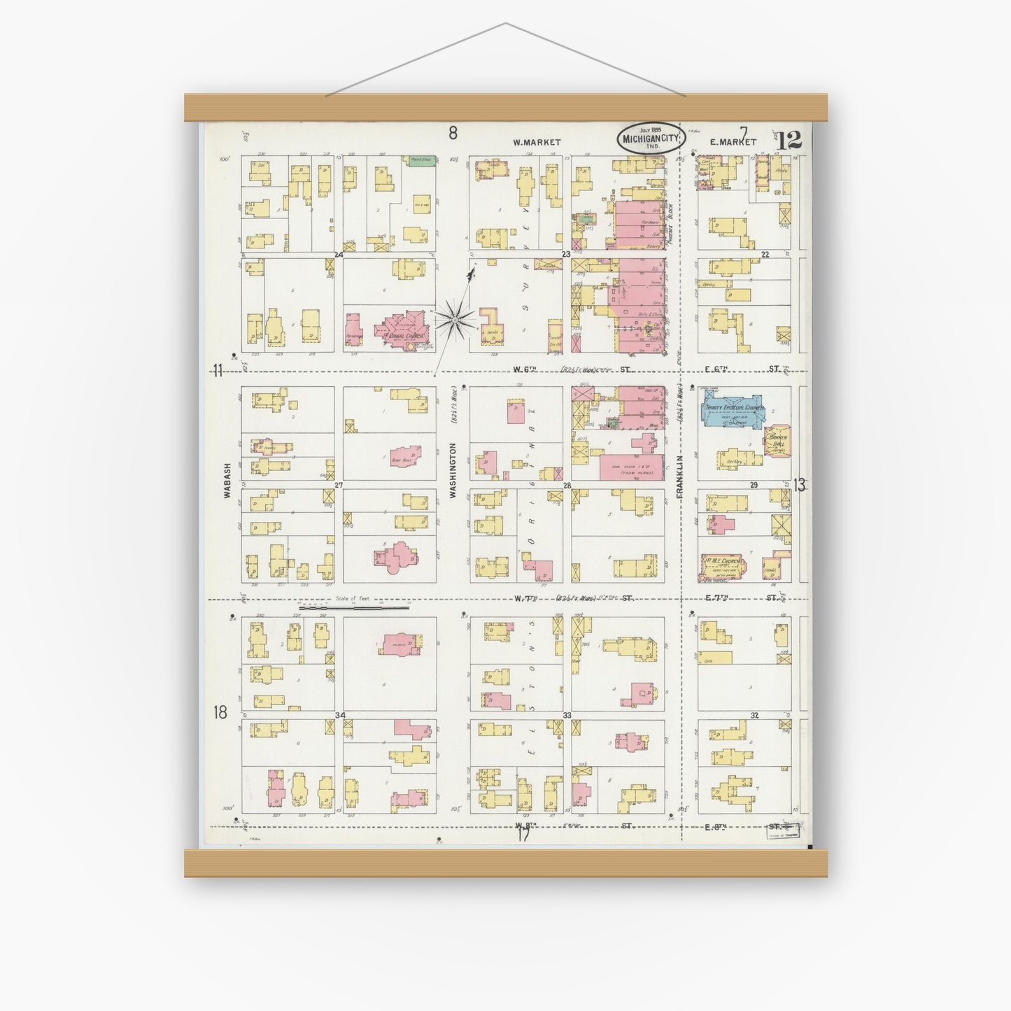 Old map wall art mockup — magnetic wood frame on white wall — Sanborn Fire Insurance Map from Michigan City, La Porte County, Indiana (1899), Sheet #0012