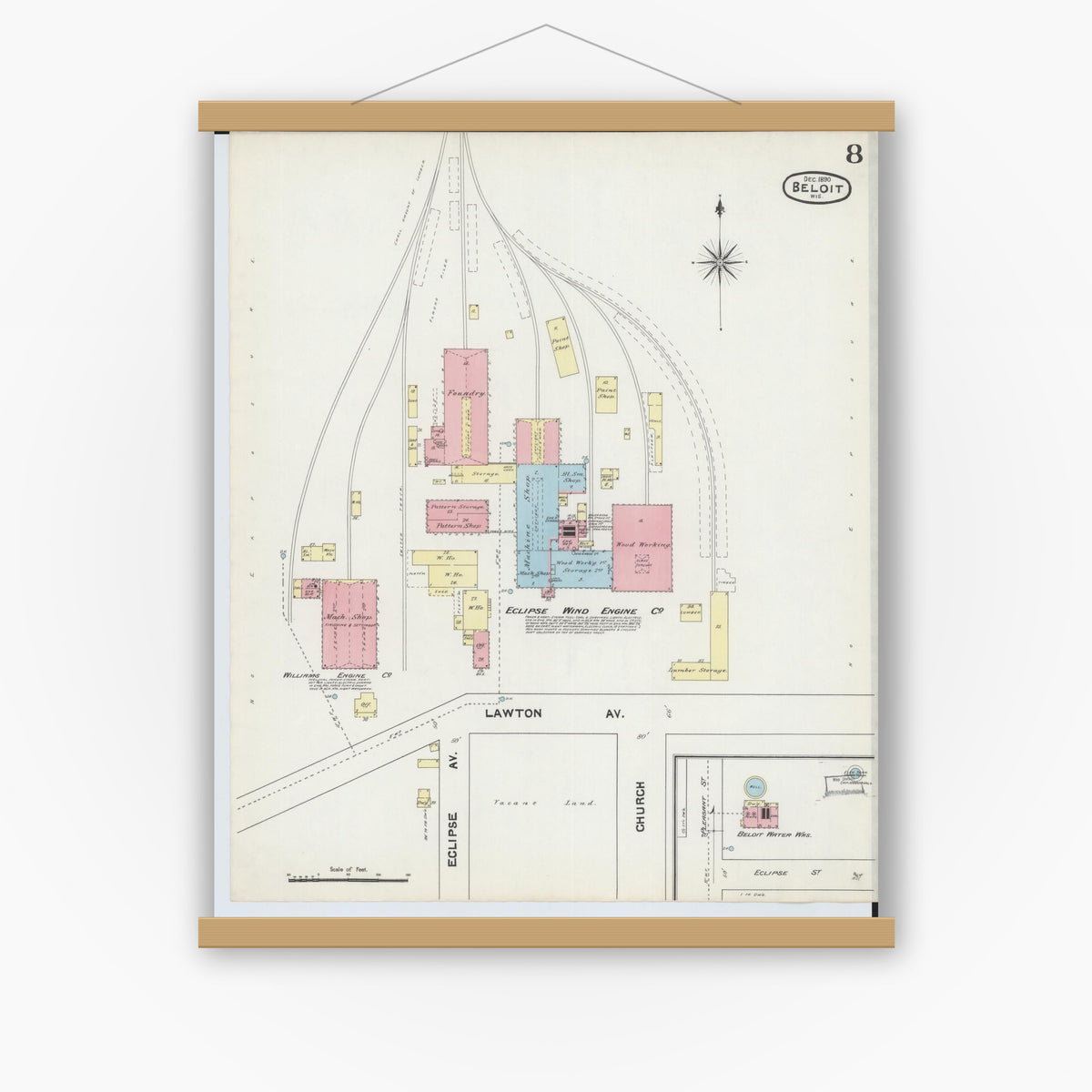 Old map wall art mockup — magnetic wood frame on white wall — Sanborn Fire Insurance Map from Beloit, Rock County, Wisconsin (1890), Sheet #0008