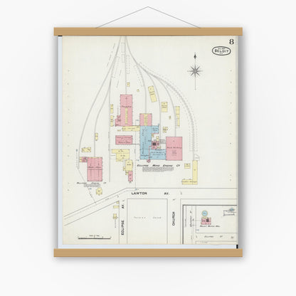 Old map wall art mockup — magnetic wood frame on white wall — Sanborn Fire Insurance Map from Beloit, Rock County, Wisconsin (1890), Sheet #0008