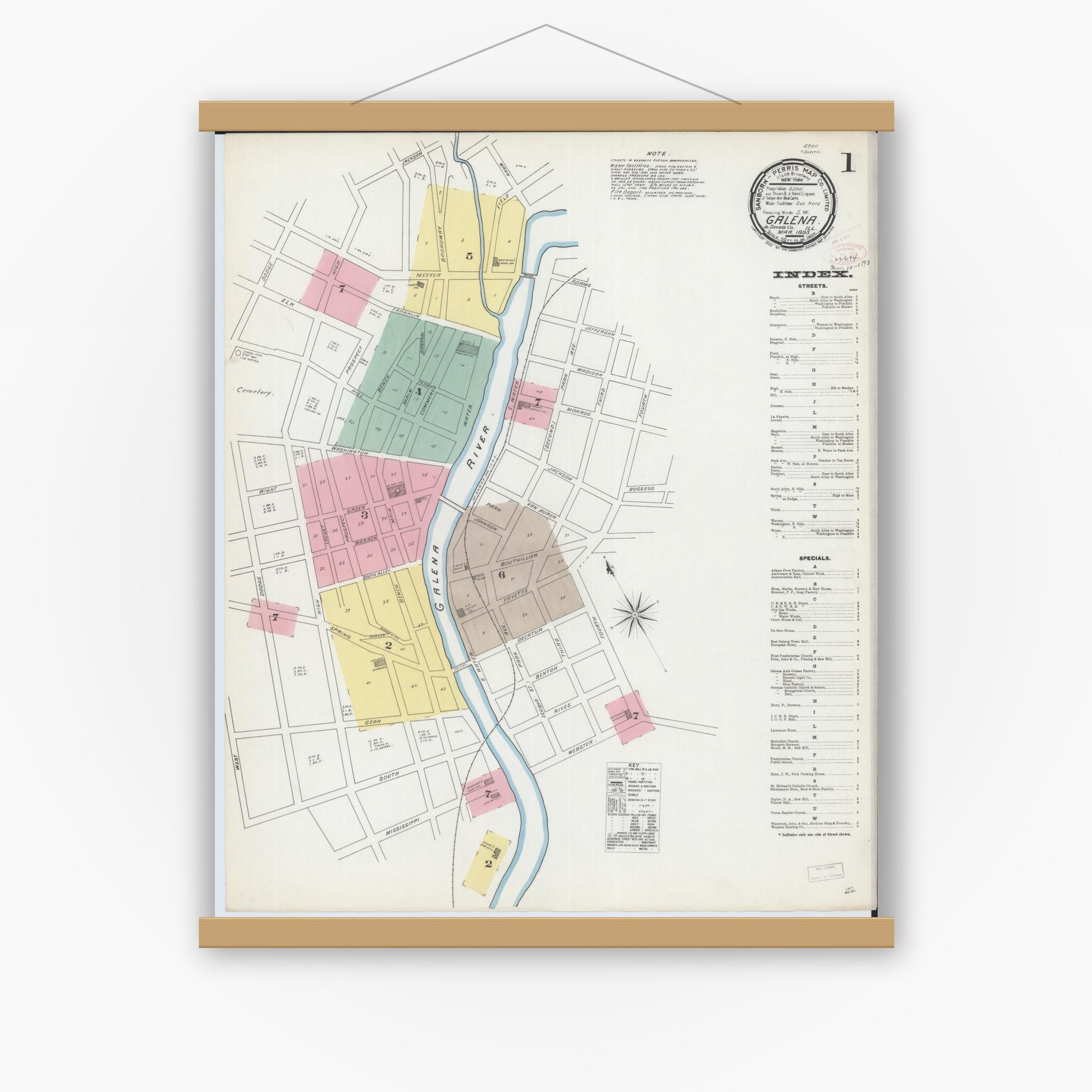Old map wall art mockup — magnetic wood frame on white wall — Sanborn Fire Insurance Map from Galena, Jo Daviess County, Illinois (1893), Sheet #0001