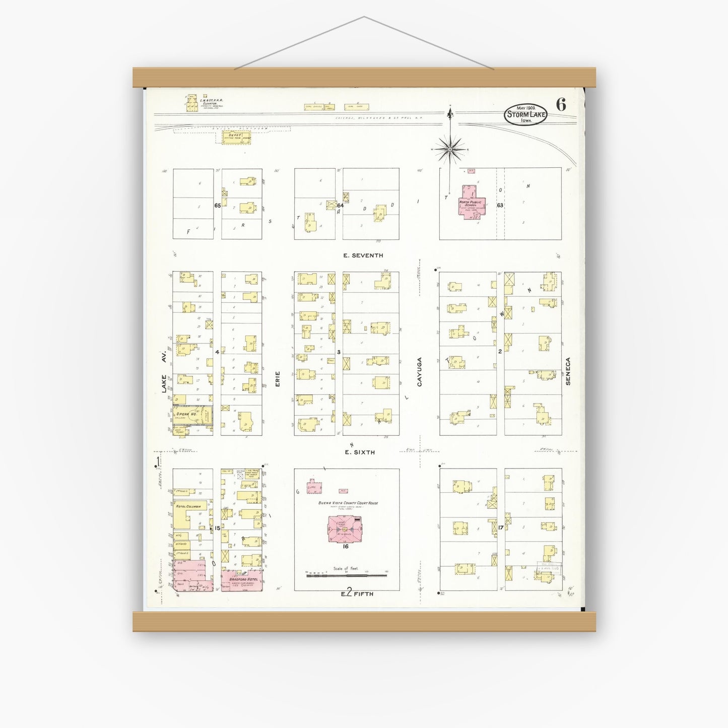 Old map wall art mockup — magnetic wood frame on white wall — Sanborn Fire Insurance Map from Storm Lake, Buena Vista County, Iowa (1909), Sheet #0006