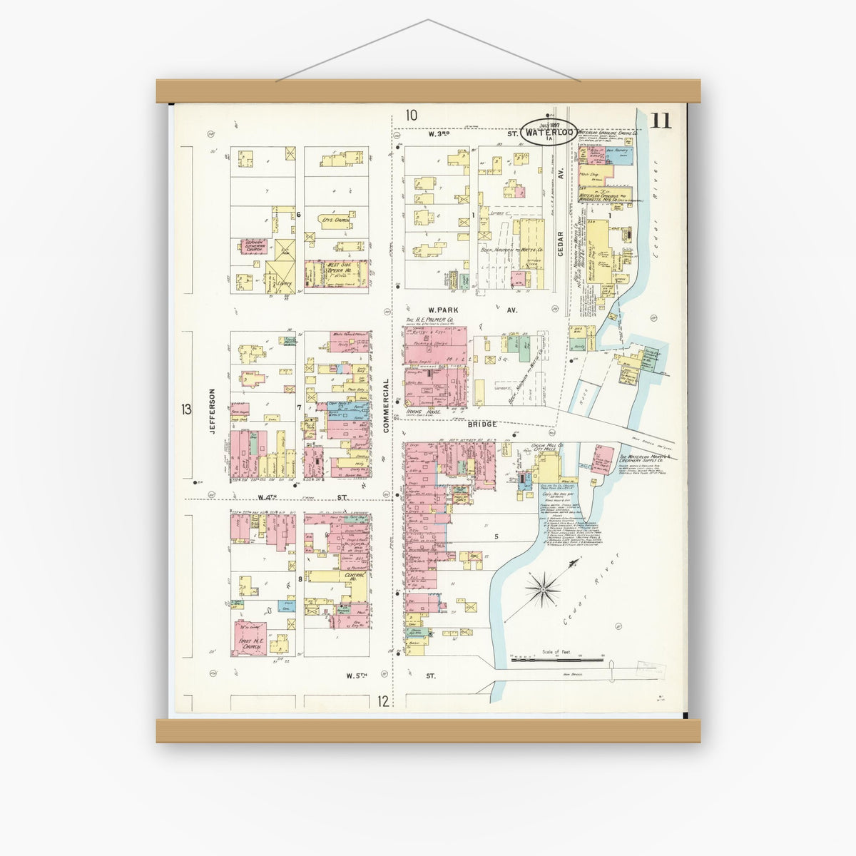 Old map wall art mockup — magnetic wood frame on white wall — Sanborn Fire Insurance Map from Waterloo, Black Hawk County, Iowa (1897), Sheet #0011