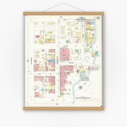 Old map wall art mockup — magnetic wood frame on white wall — Sanborn Fire Insurance Map from Waterloo, Black Hawk County, Iowa (1897), Sheet #0011