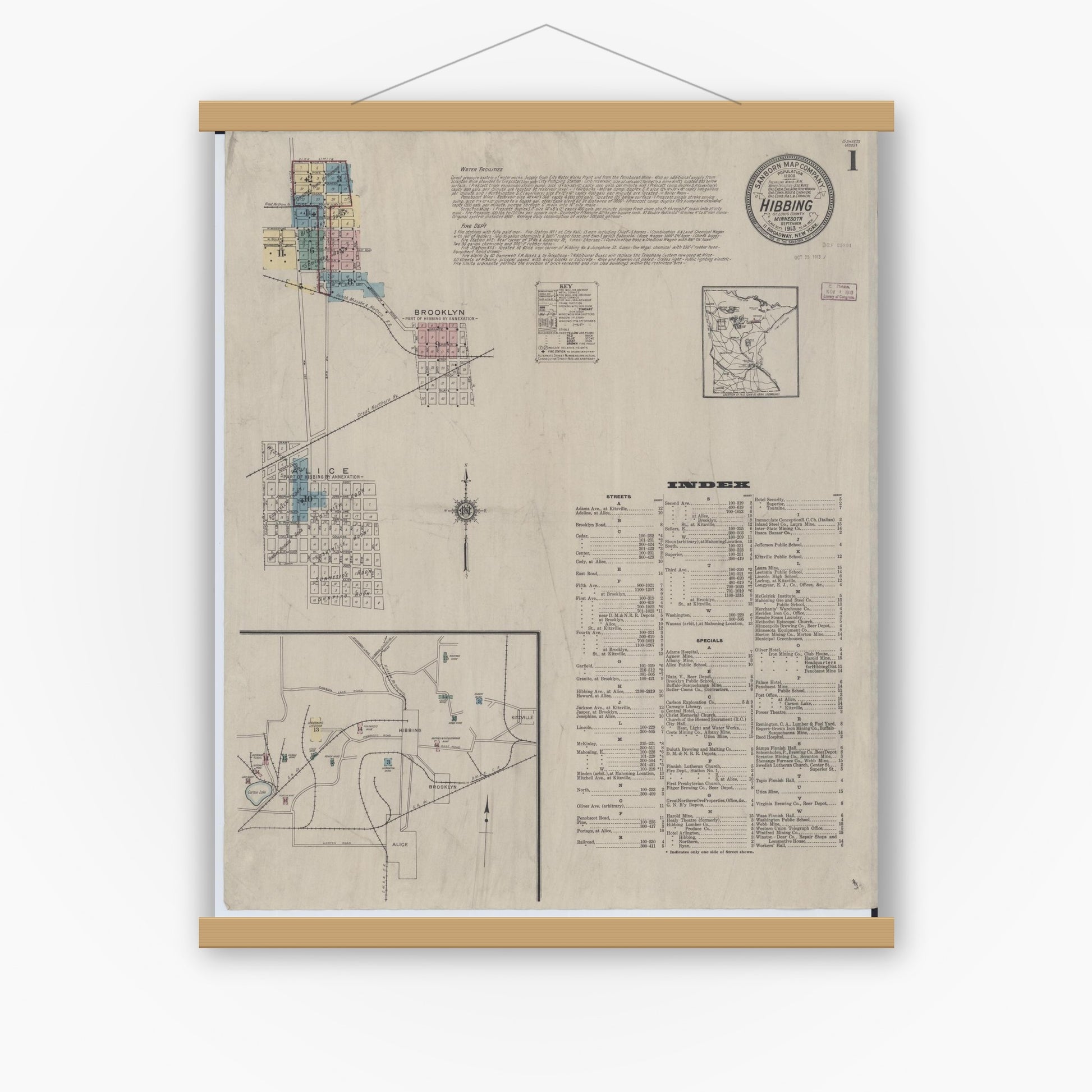 Old map wall art mockup — magnetic wood frame on white wall — Sanborn Fire Insurance Map from Hibbing, Saint Louis County, Minnesota (1913), Sheet #0001