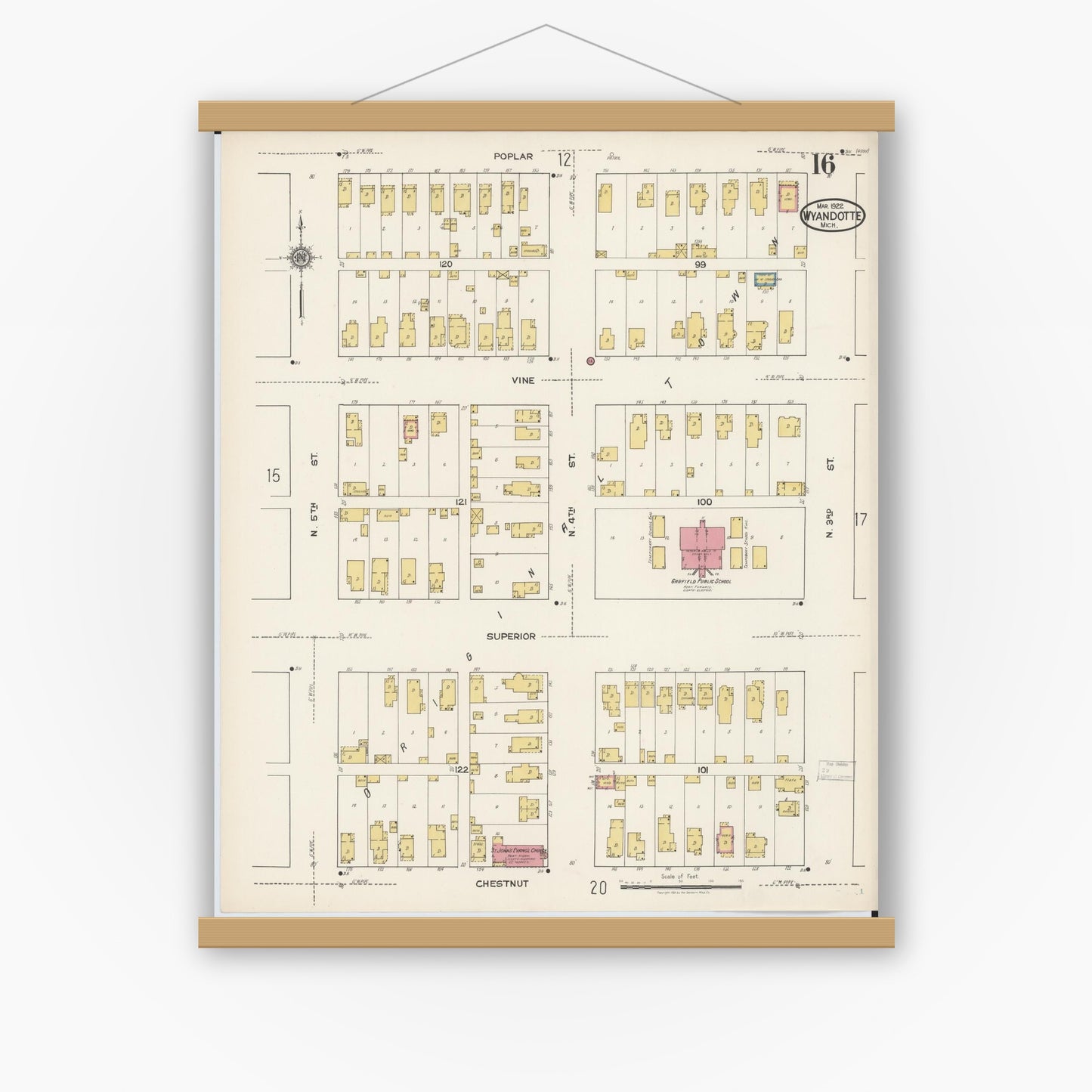 Old map wall art mockup — magnetic wood frame on white wall — Sanborn Fire Insurance Map from Wyandotte, Wayne County, Michigan (1922), Sheet #0016