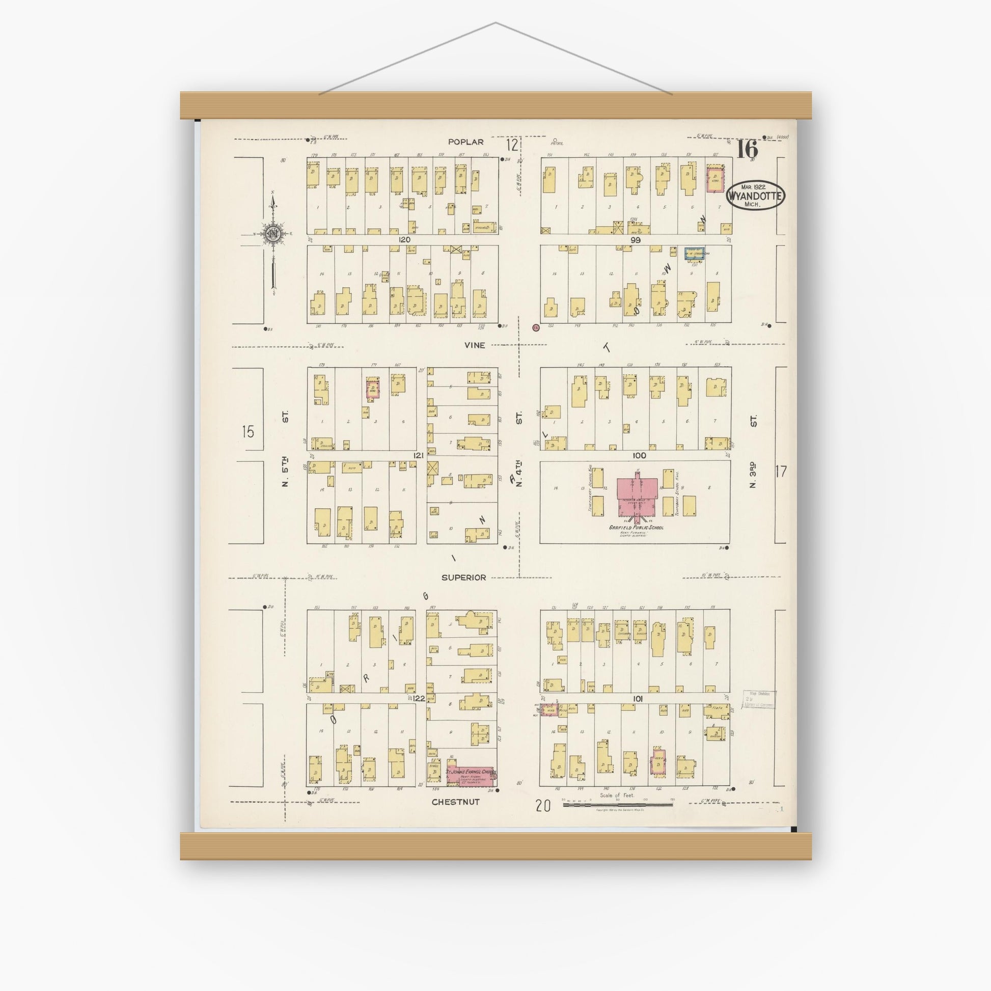 Old map wall art mockup — magnetic wood frame on white wall — Sanborn Fire Insurance Map from Wyandotte, Wayne County, Michigan (1922), Sheet #0016