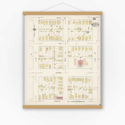 Old map wall art mockup — magnetic wood frame on white wall — Sanborn Fire Insurance Map from Wyandotte, Wayne County, Michigan (1922), Sheet #0016