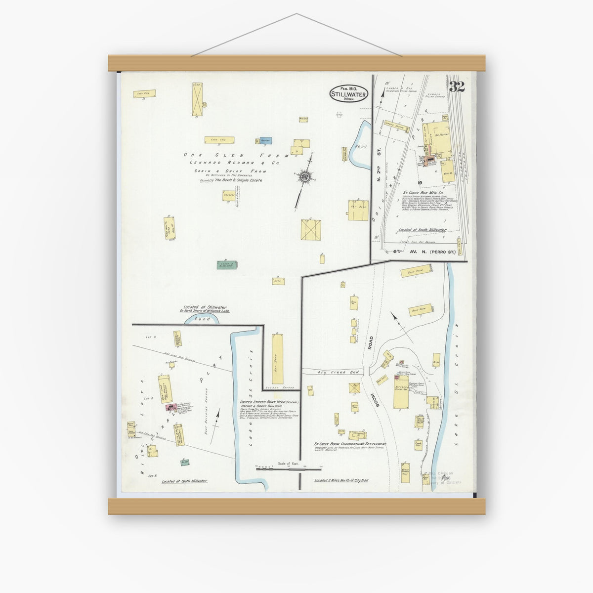 Old map wall art mockup — magnetic wood frame on white wall — Sanborn Fire Insurance Map from Stillwater, Washington County, Minnesota (1910), Sheet #0032