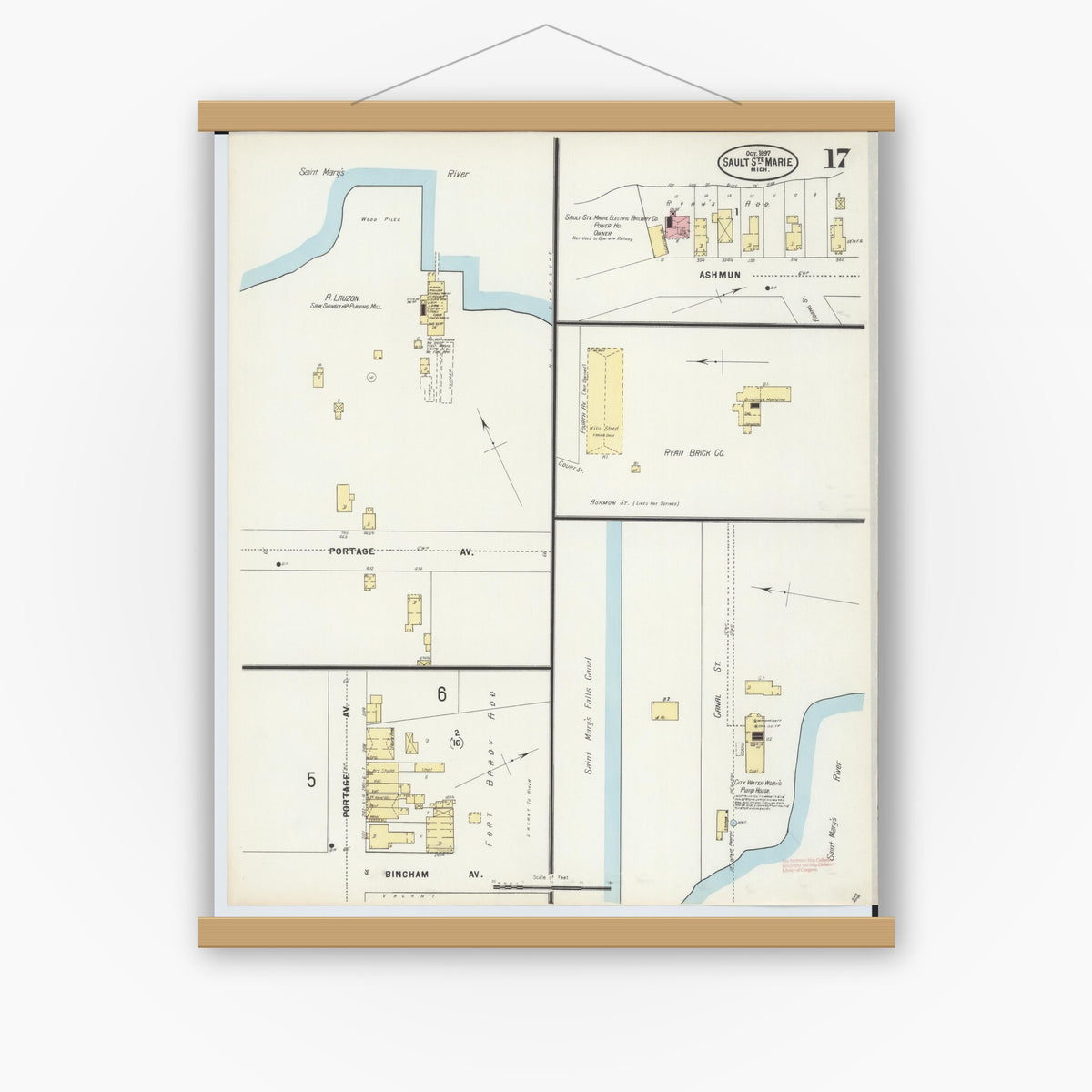 Old map wall art mockup — magnetic wood frame on white wall — Sanborn Fire Insurance Map from Sault Sainte Marie, Chippewa County, Michigan (1897), Sheet #0017