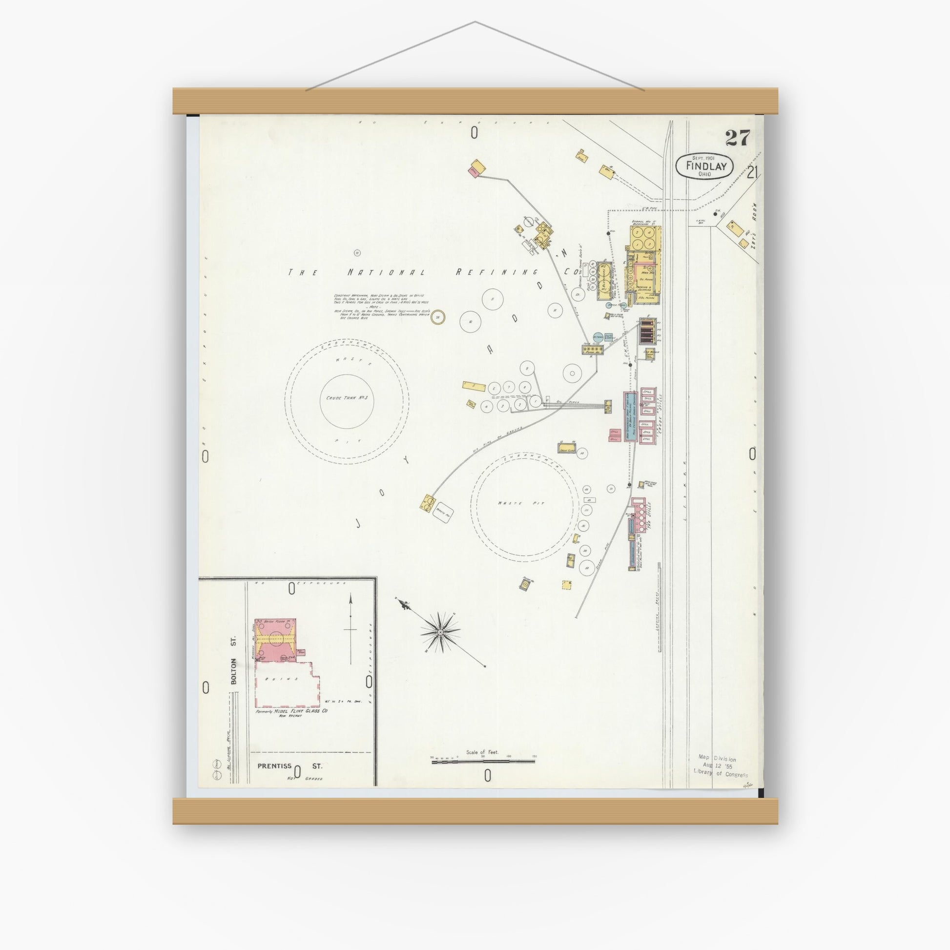 Old map wall art mockup — magnetic wood frame on white wall — Sanborn Fire Insurance Map from Findlay, Hancock County, Ohio (1901), Sheet #0027